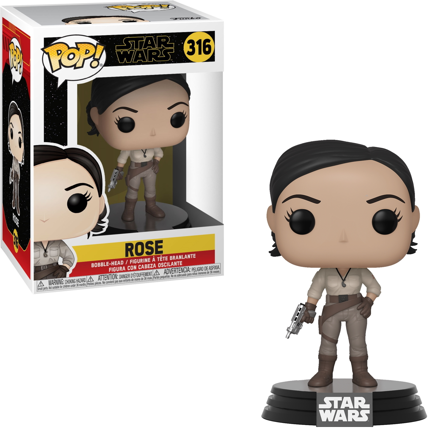 Funko Pop di Rose di Star Wars. Capelli neri, tiene una pistola, abito beige.