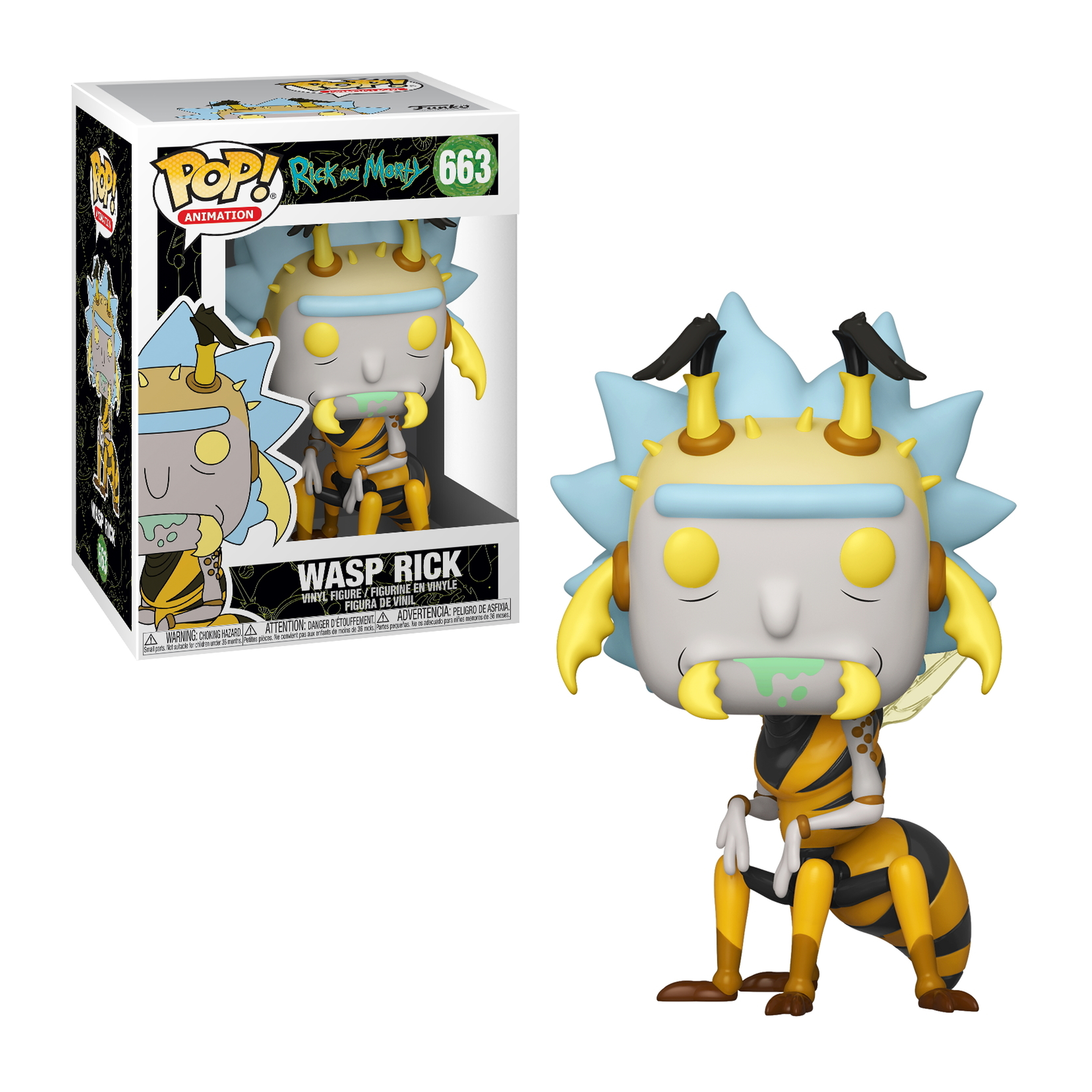 Figura Funko Pop Wasp Rick: corpo simile a un'ape, giallo e nero. Rick ha i capelli blu.