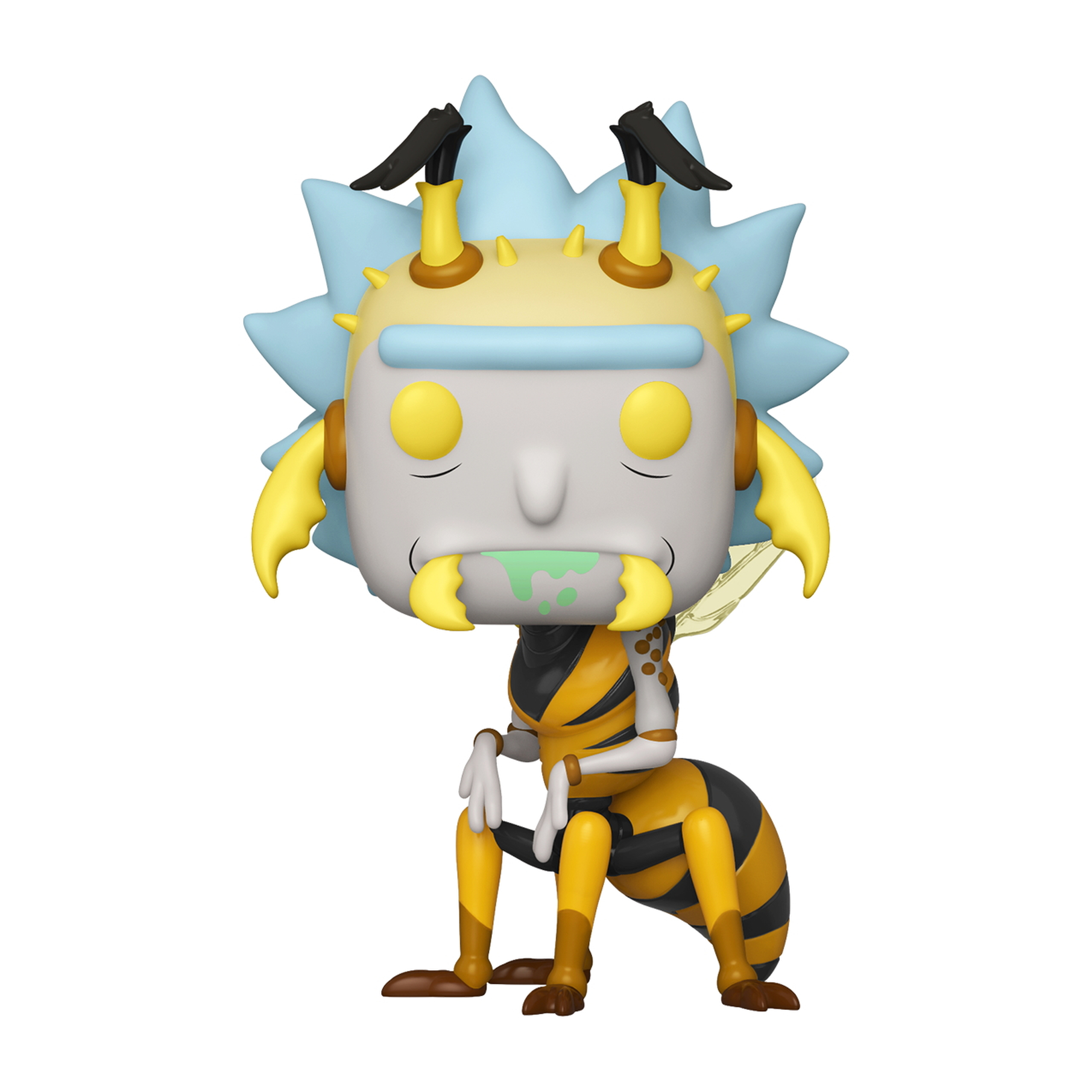Figurina di Rick-Ape con corpo d'ape e faccia di Rick. Giallo, nero e azzurro.