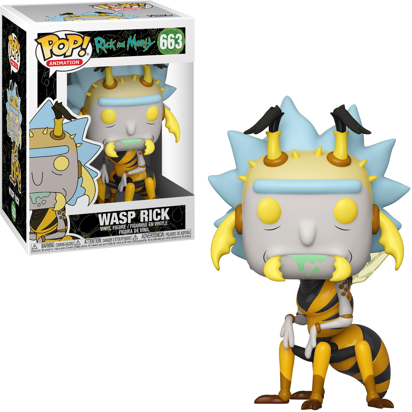 Personaggio Funko Pop di Wasp Rick da Rick and Morty, con corpo da ape e faccia di Rick.