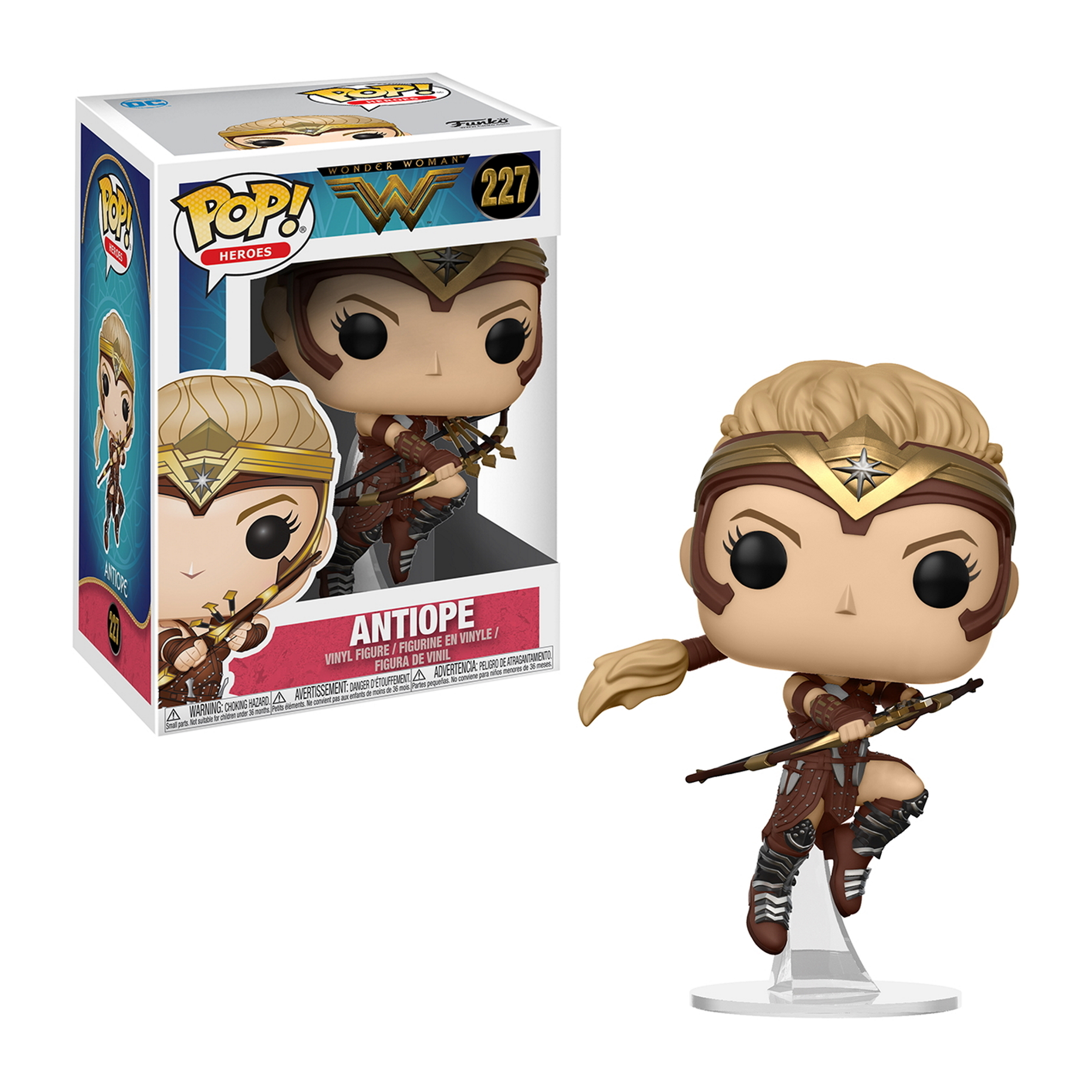 Eine Funko Pop Figur von Wonder Woman, Antiope. Sie ist in einer Box und hält einen Bogen.