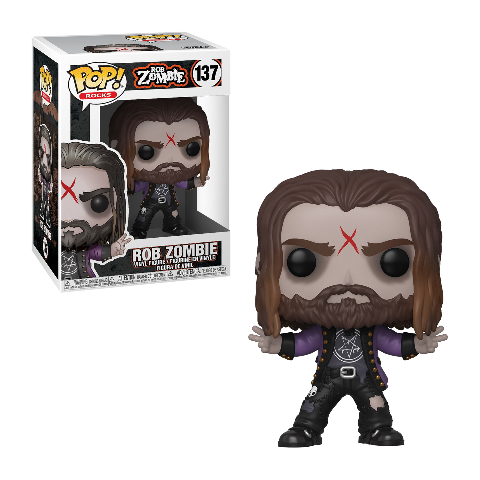 Figura Funko Pop di Rob Zombie con giacca con croce. Braccia tese.