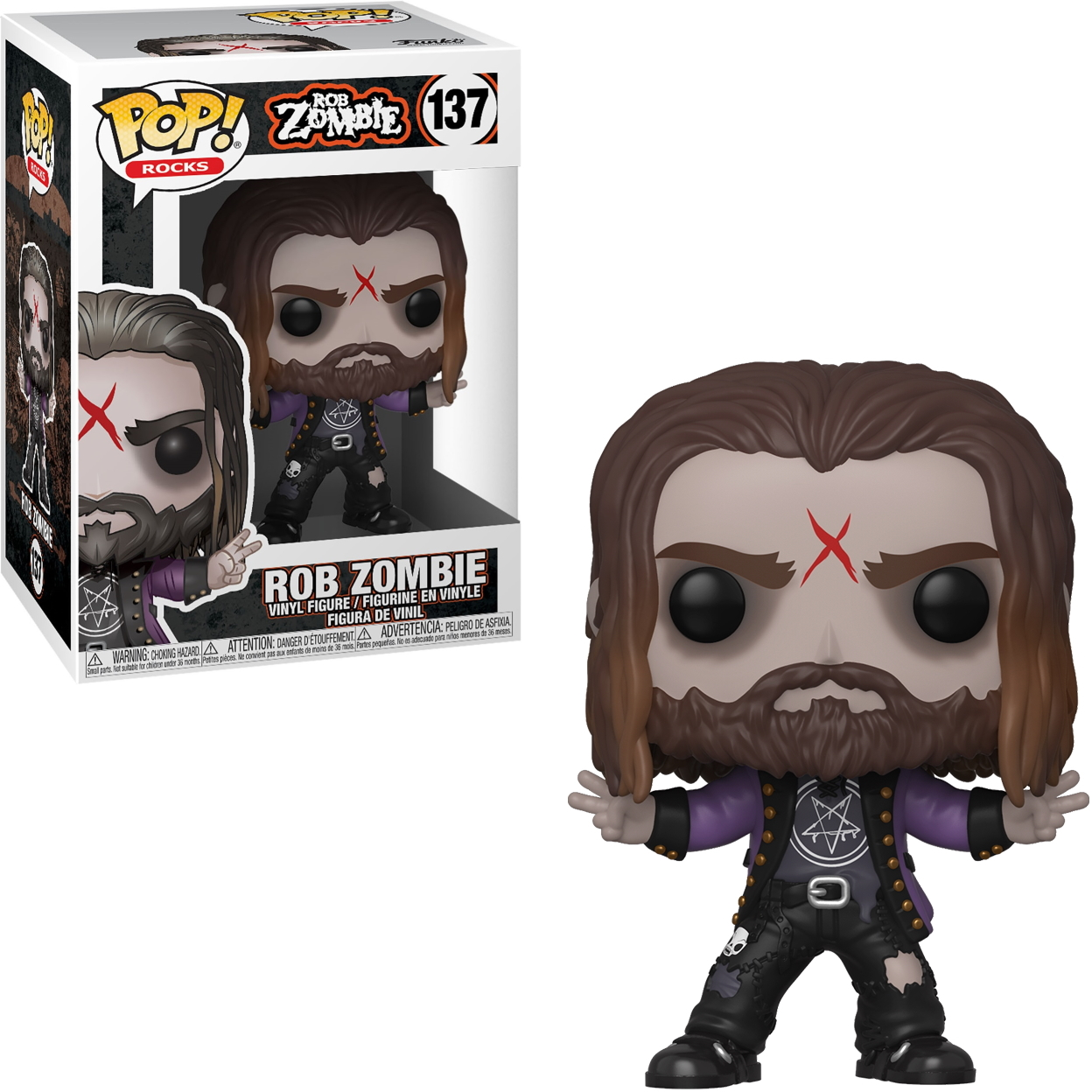 Figura Funko Pop di un uomo con i capelli lunghi e una croce sul viso. In scatola su sfondo bianco.