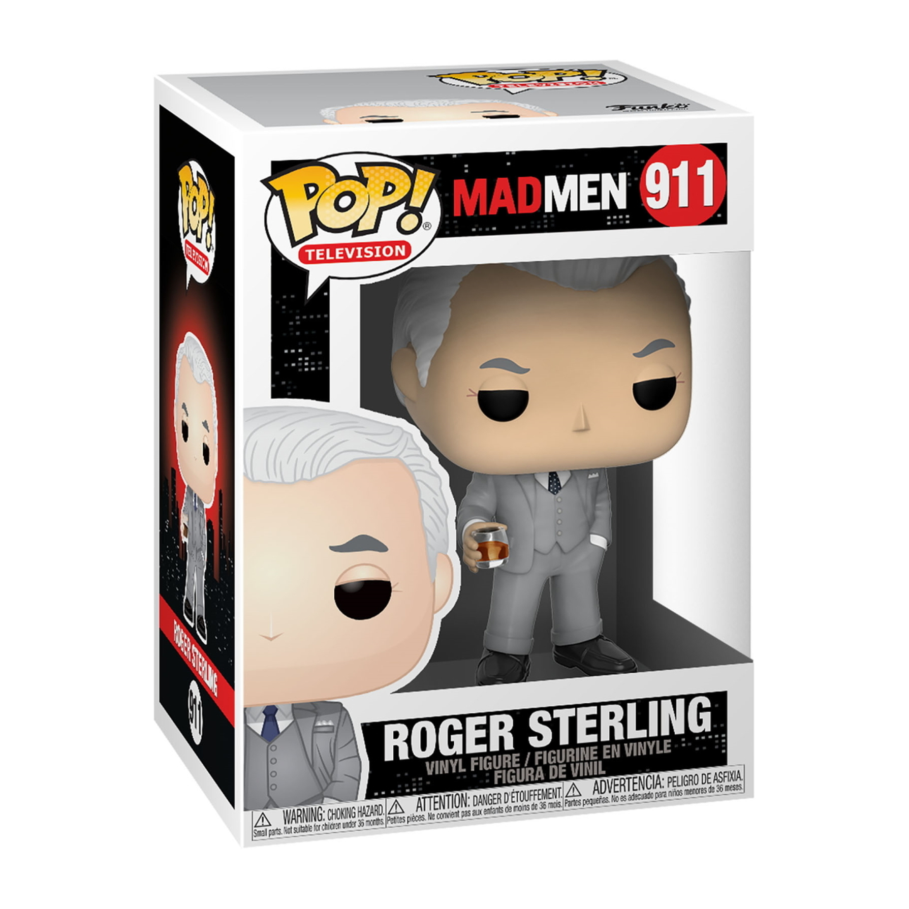Una figura Funko Pop di Roger Sterling in una scatola. Indossa un abito grigio, con un drink.