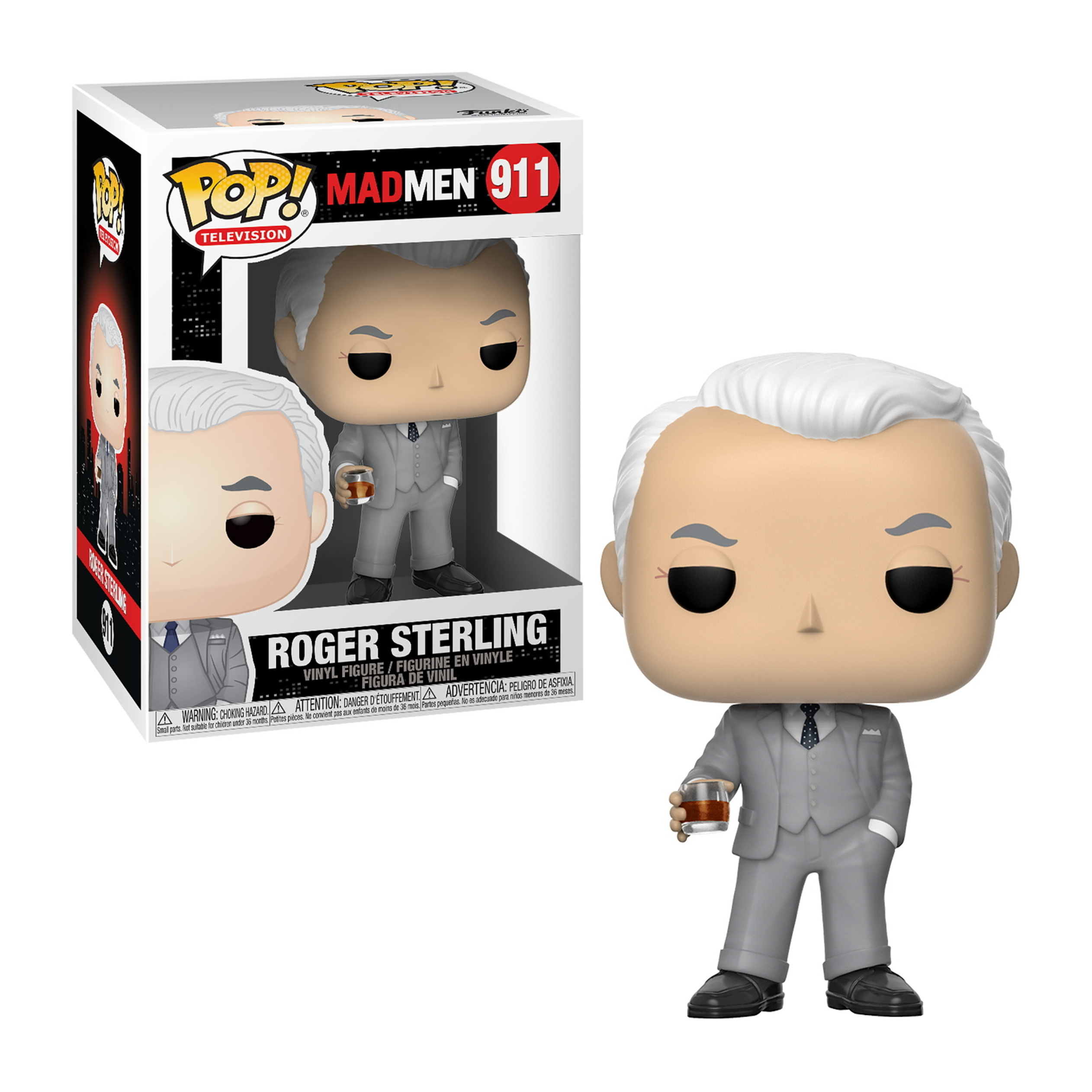 Figura Funko Pop di Roger Sterling. La figura indossa un abito grigio e tiene in mano un bicchiere di whisky.