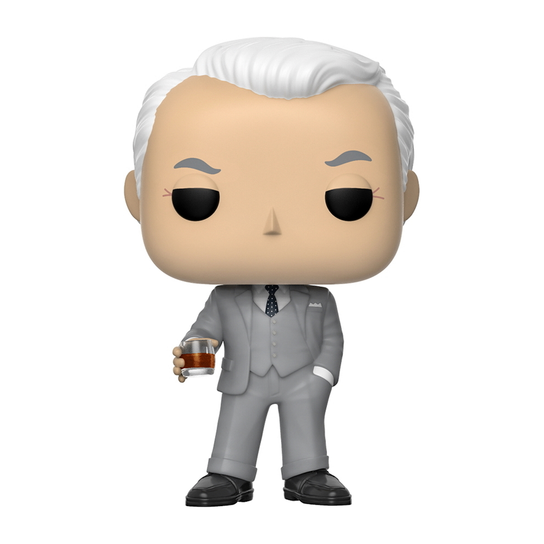 Figura Funko Pop di un uomo in abito grigio, che tiene in mano un drink.