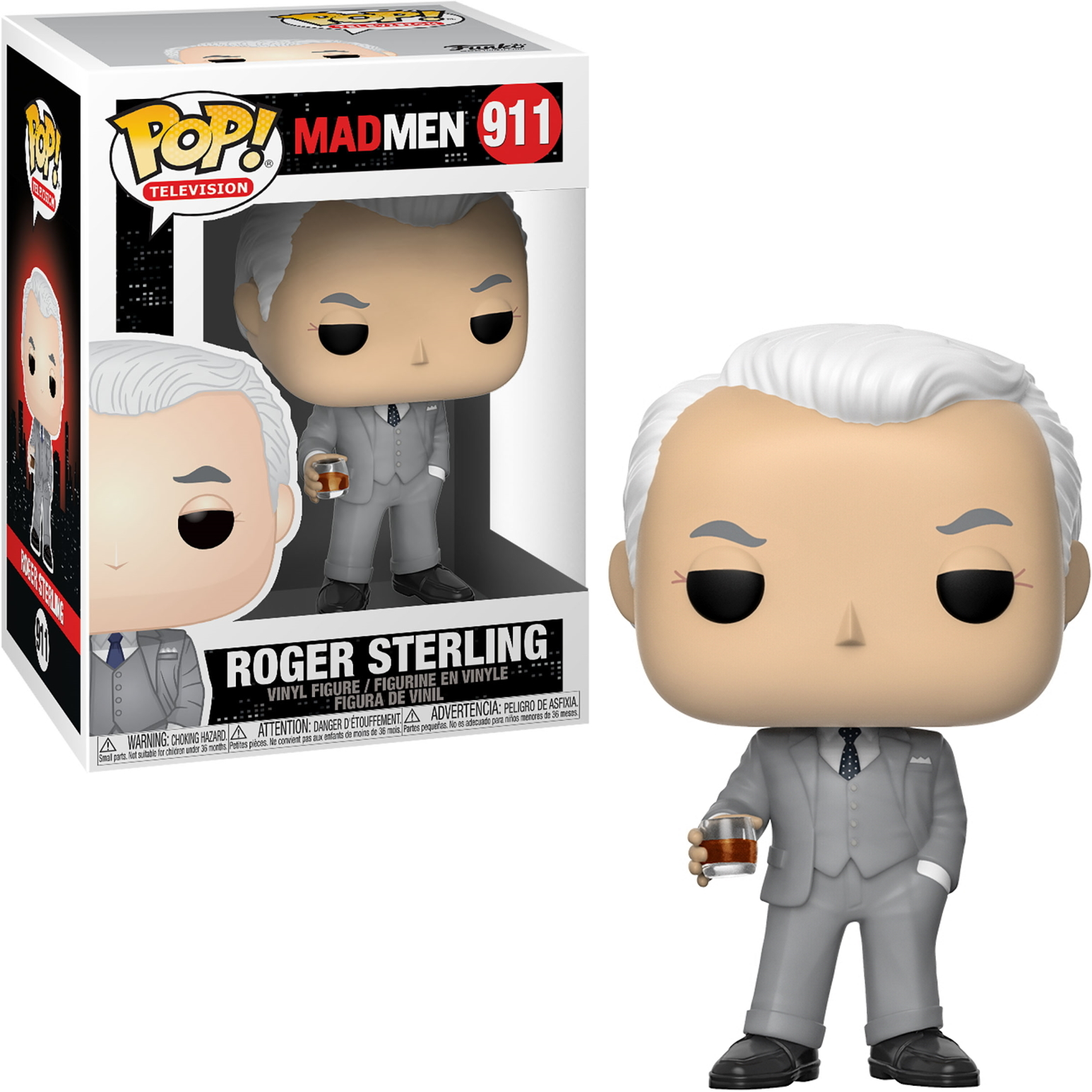 Funko Pop, figura di Roger Sterling, in abito, tiene un drink.