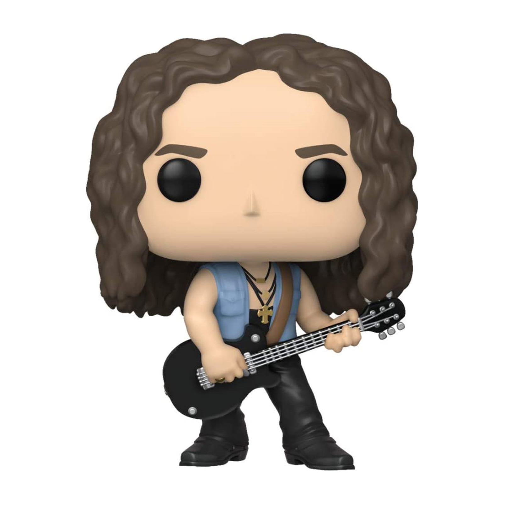 Kirk Hammett Funko Pop Figur. Mann mit langen braunen Haaren, hält eine schwarze Gitarre. Weißer HG.