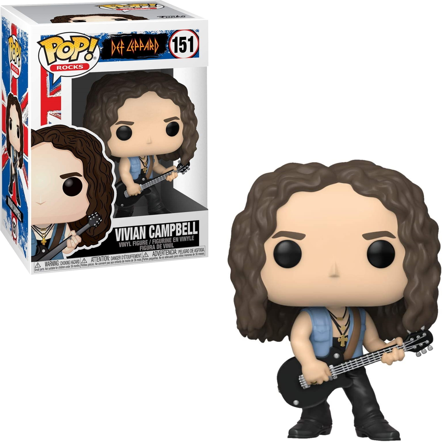 Funko Pop Vivian Campbell Figur mit Gitarre. Figur eines Mannes, dunkles Haar, blaue Weste, und Gitarre.