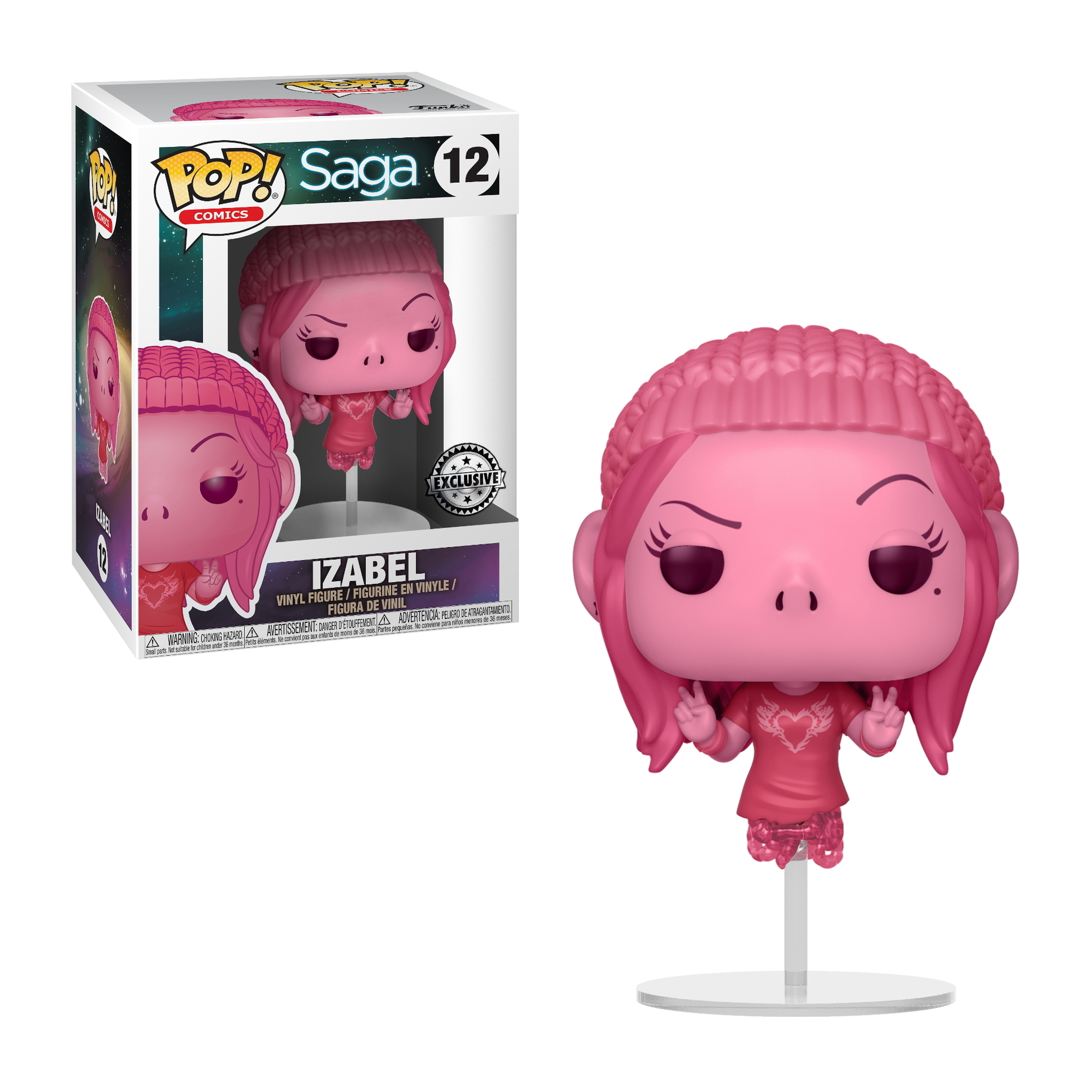 Eine Izabel Funko Pop Figur mit einer Box. Izabel ist pink mit einem roten Kleid.