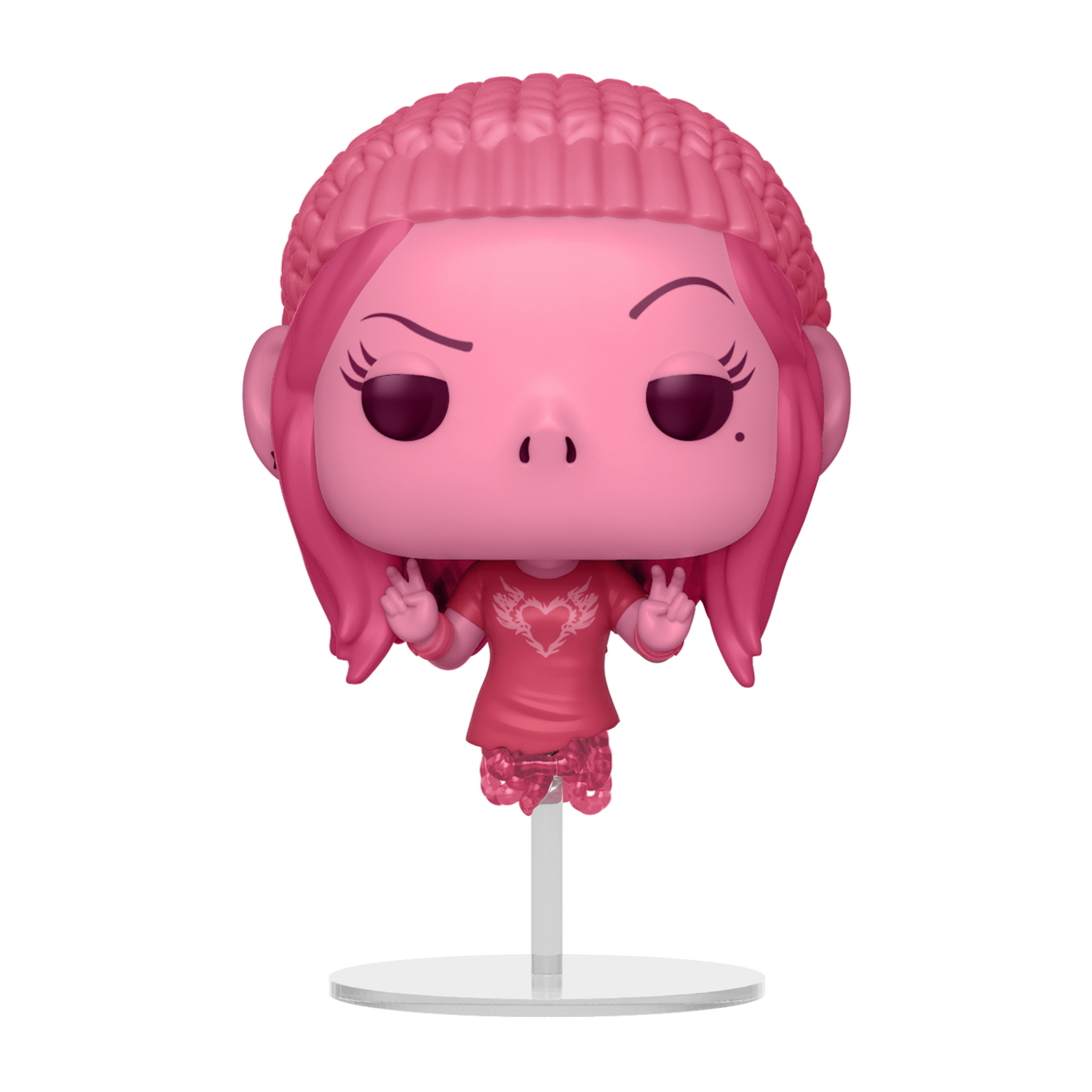 Pinke Funko Pop Figur einer Person mit pinkem Hut und Shirt, die Peace-Zeichen zeigt.