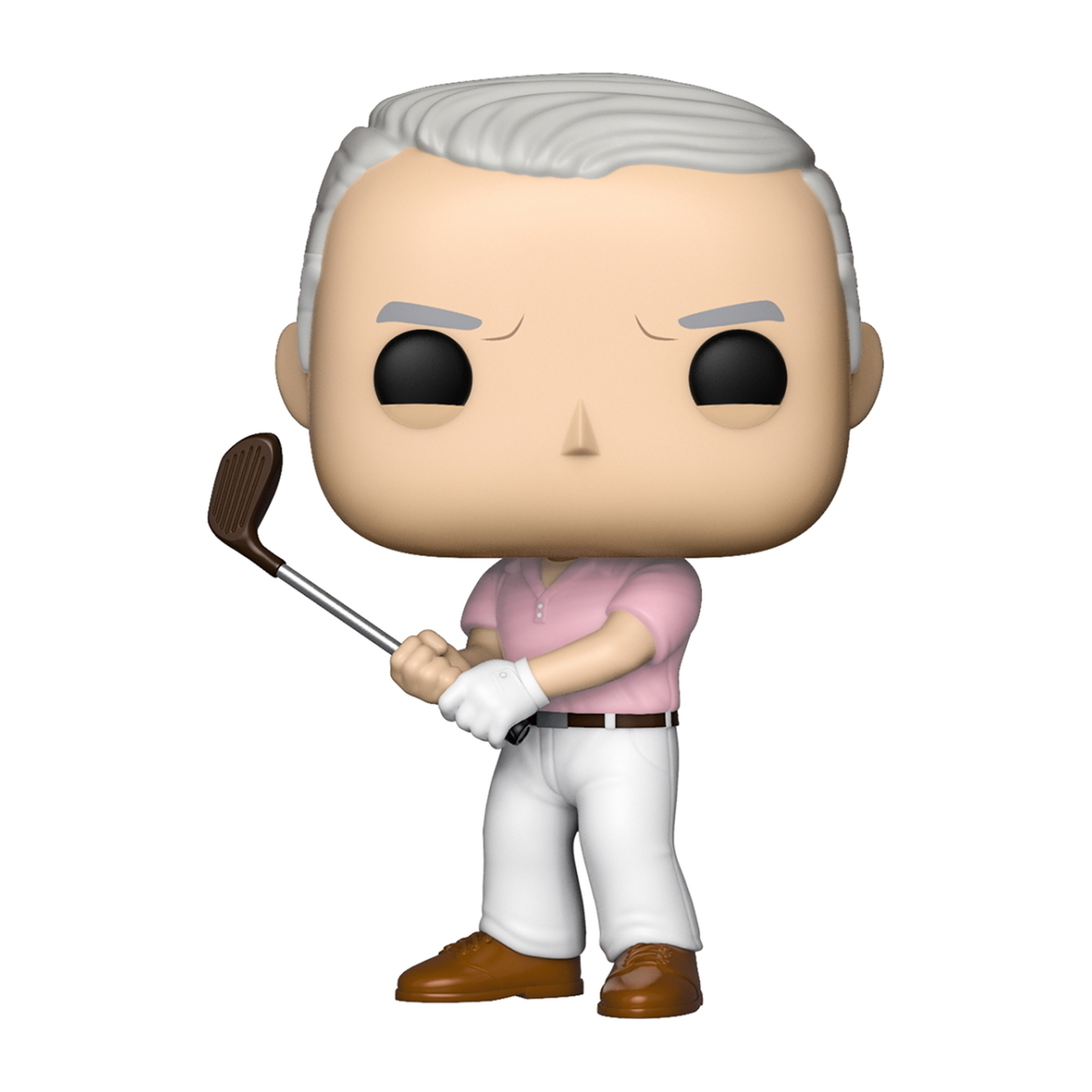 Funko Pop Figur eines Mannes in pinkfarbenem Poloshirt und weißer Hose, mit einem Golfschläger.