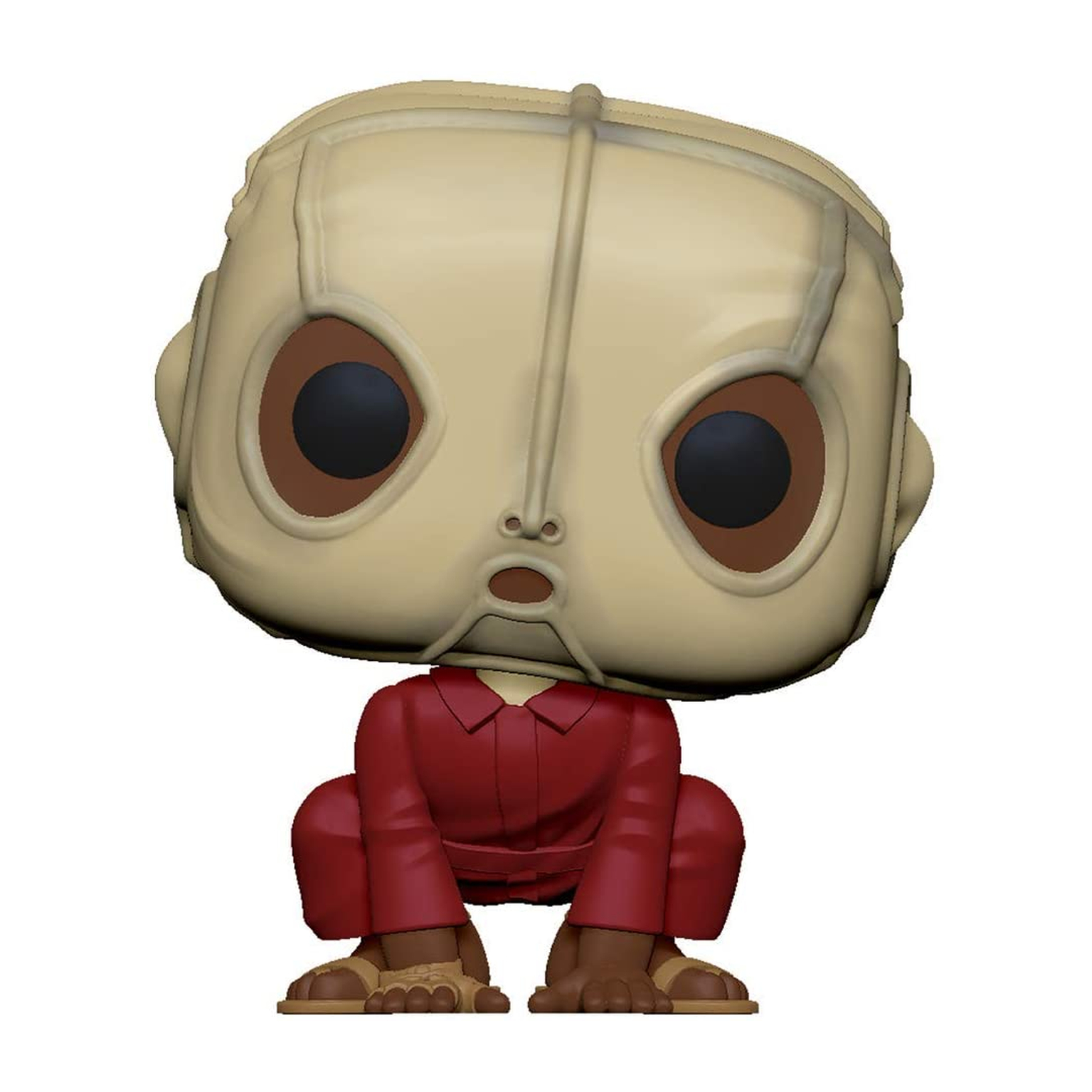 Figura Funko Pop con cabeza beige, ojos grandes y atuendo rojo, en cuclillas.