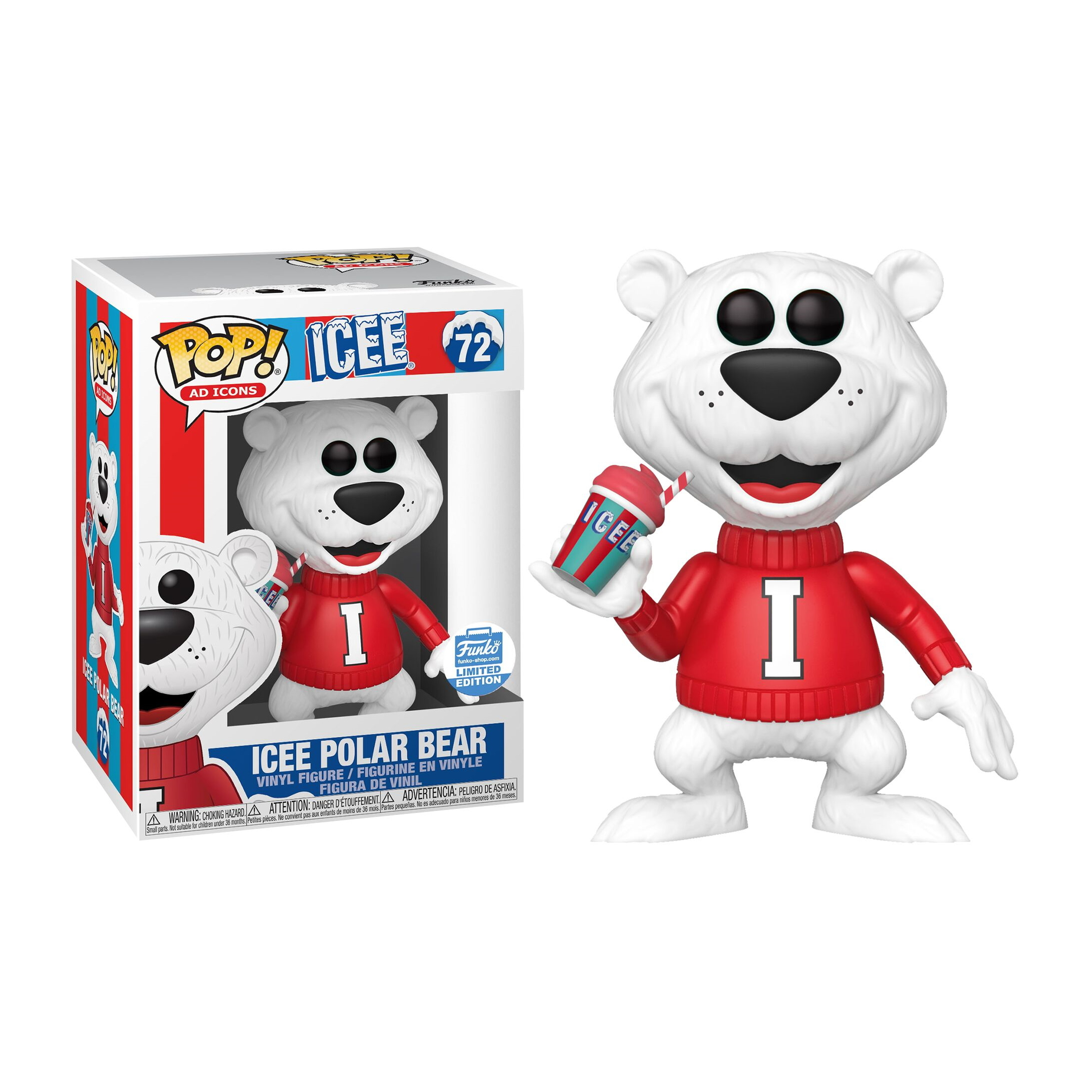 Icee Eisbär Funko Pop Figur, roter Pullover, hält Icee, mit Box.