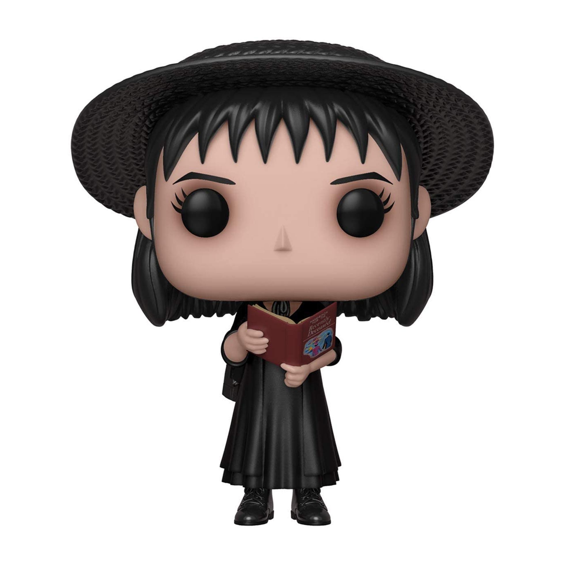 Lydia Deetz Funko Pop Figur, die ein Buch hält, mit schwarzem Hut und Kleid.