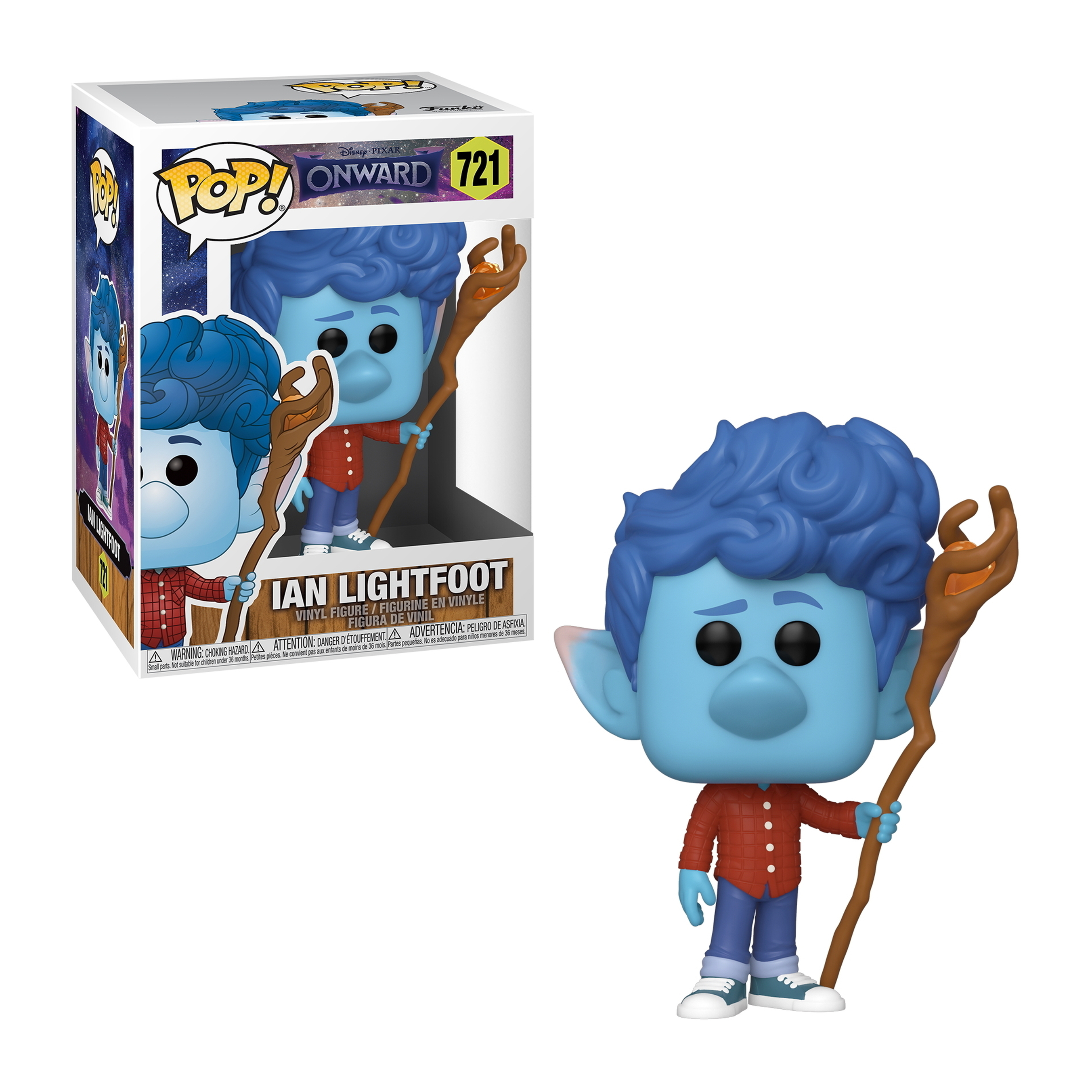Figura Funko Pop di Ian Lightfoot con un bastone. Pelle blu, camicia rossa e jeans, con una scatola.
