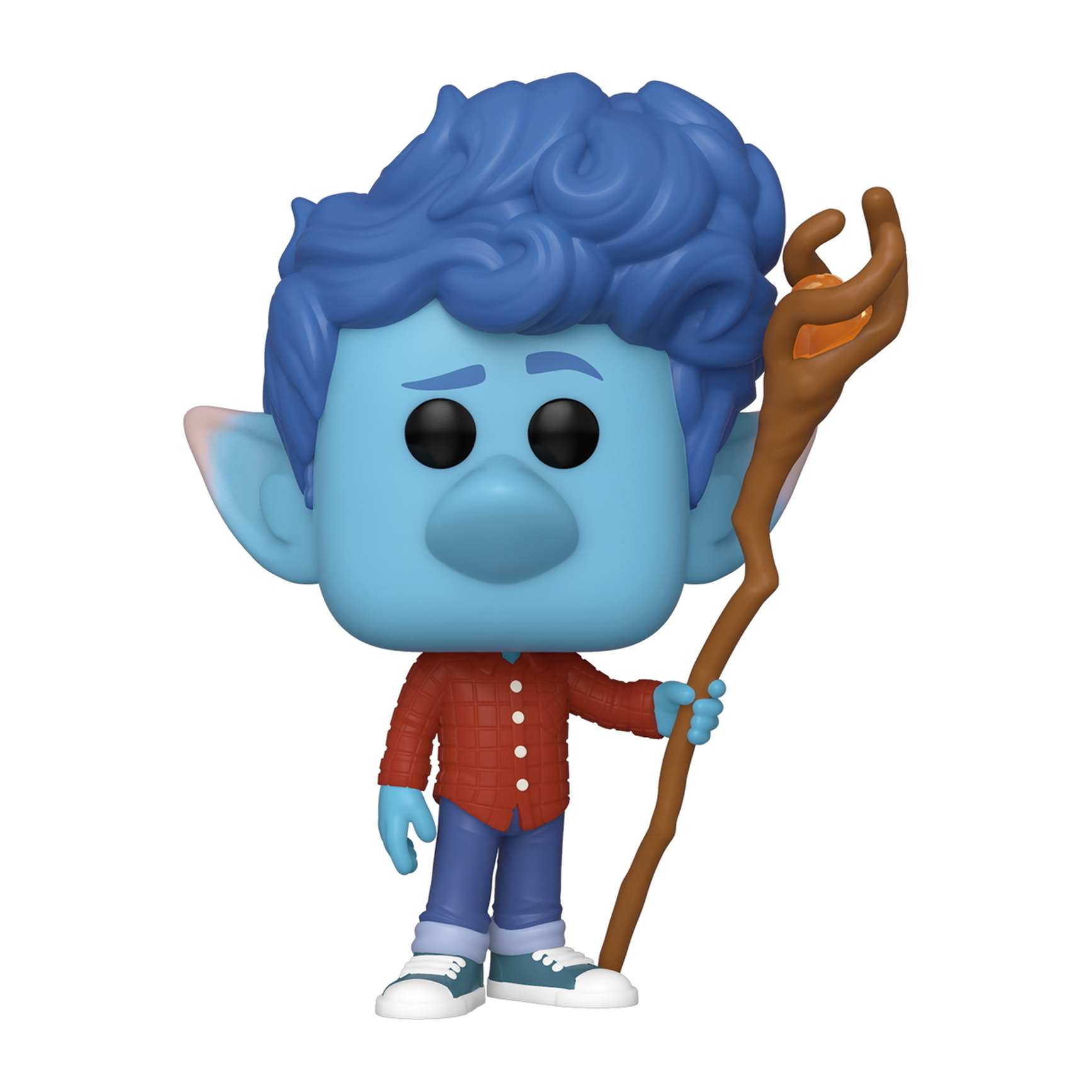 Ian Lightfoot di Onward Funko Pop! con un bastone. Pelle blu, camicia rossa, jeans.