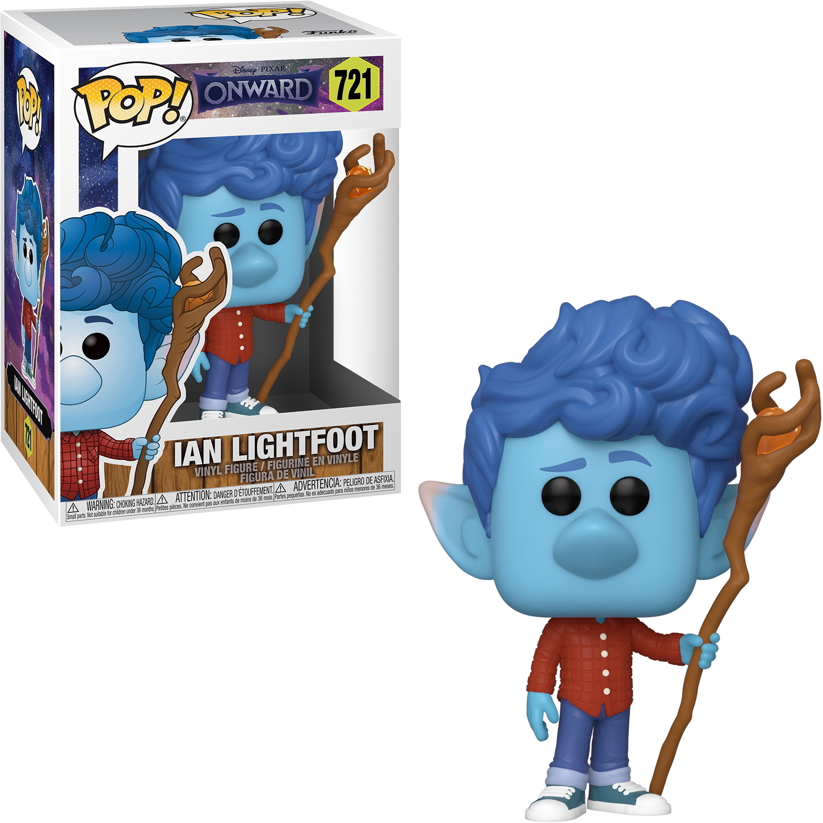 Figura Funko Pop di Ian Lightfoot con un bastone. È blu con capelli ricci, camicia rossa e jeans.