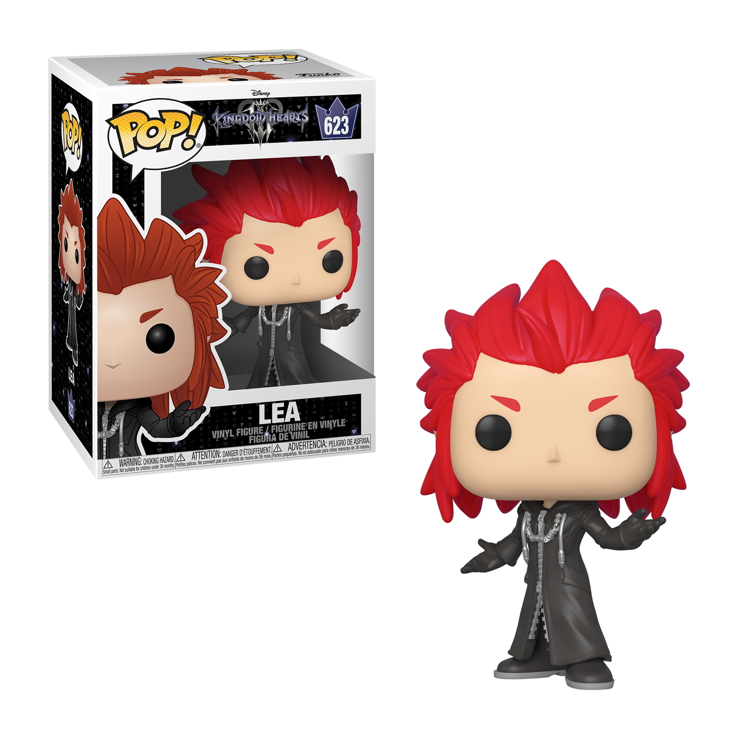 Ein Funko Pop einer Figur mit roten Haaren und einem schwarzen Mantel, mit einer Box im Hintergrund.