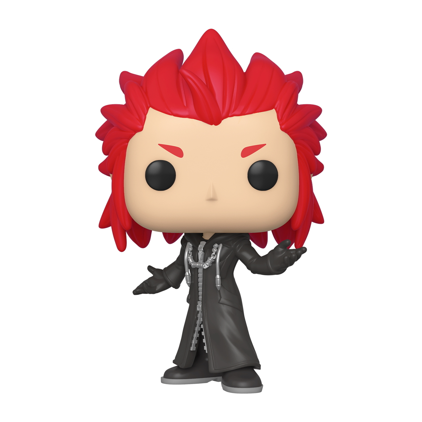 Eine Funko Pop Figur von Axel mit roten, stacheligen Haaren, schwarzem Mantel und ernstem Blick.