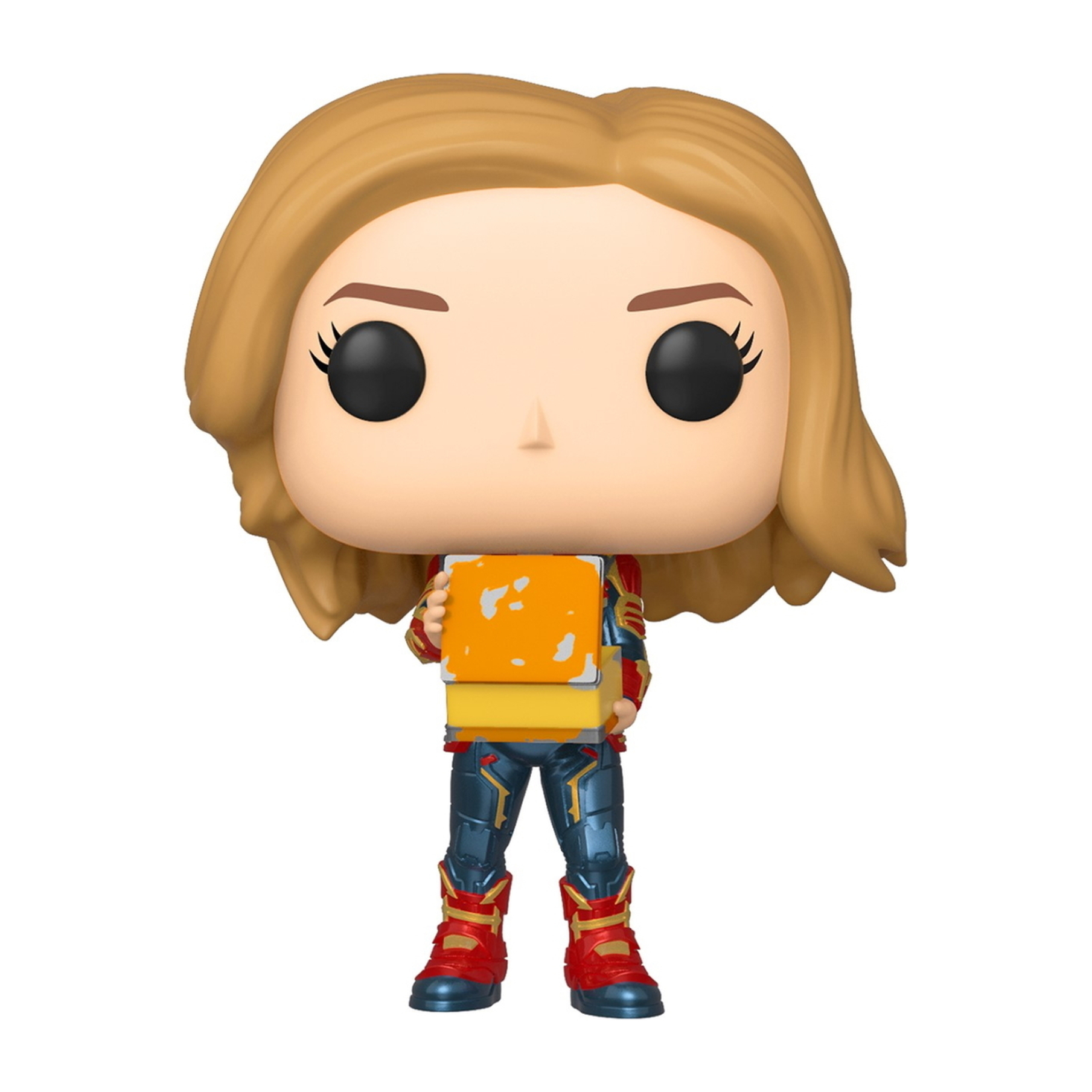 Funko Pop di Captain Marvel che tiene una scatola gialla e arancione, con la sua tuta e stivali.