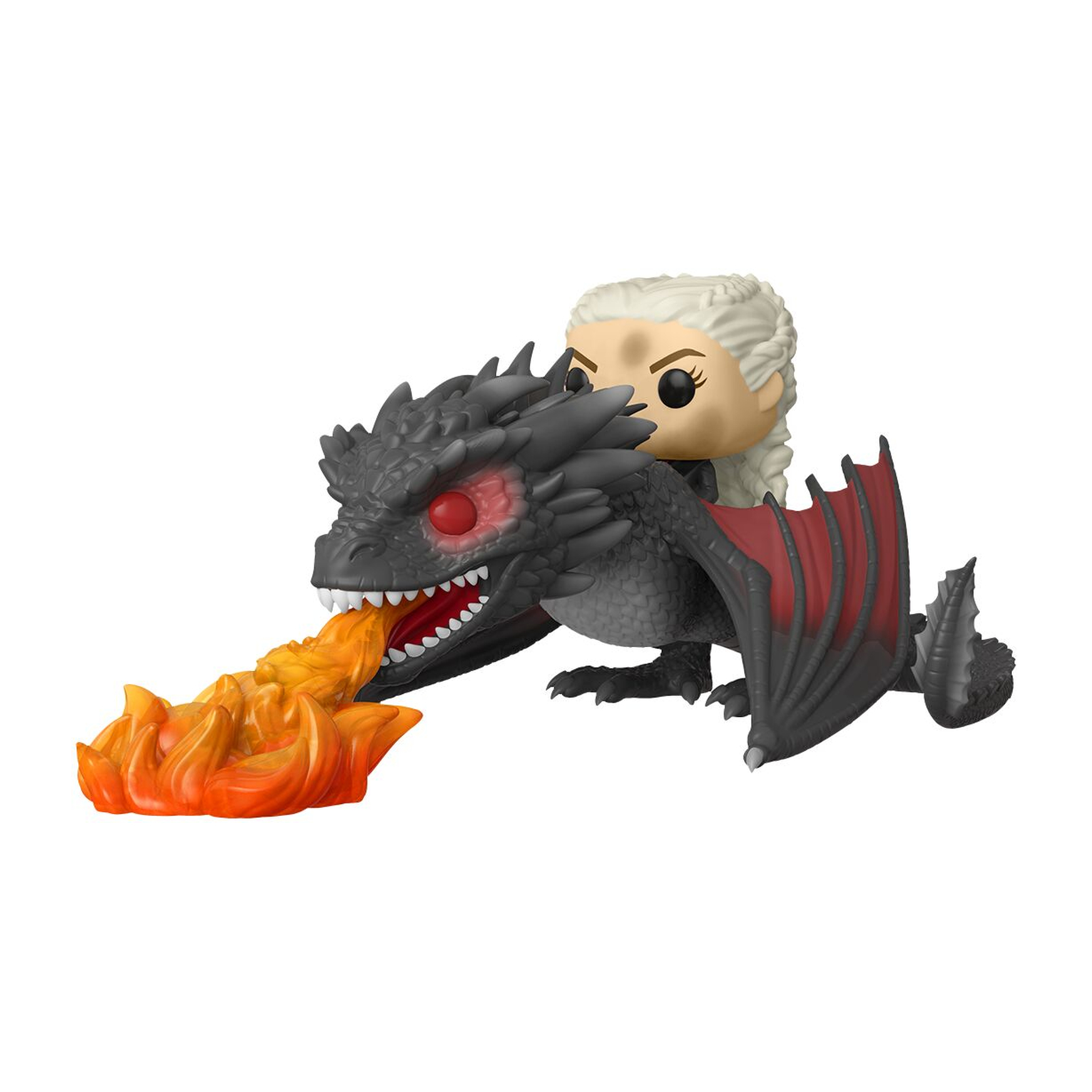 Daenerys na smoku figurka Funko Pop, smok ziejący ogniem. Białe tło.