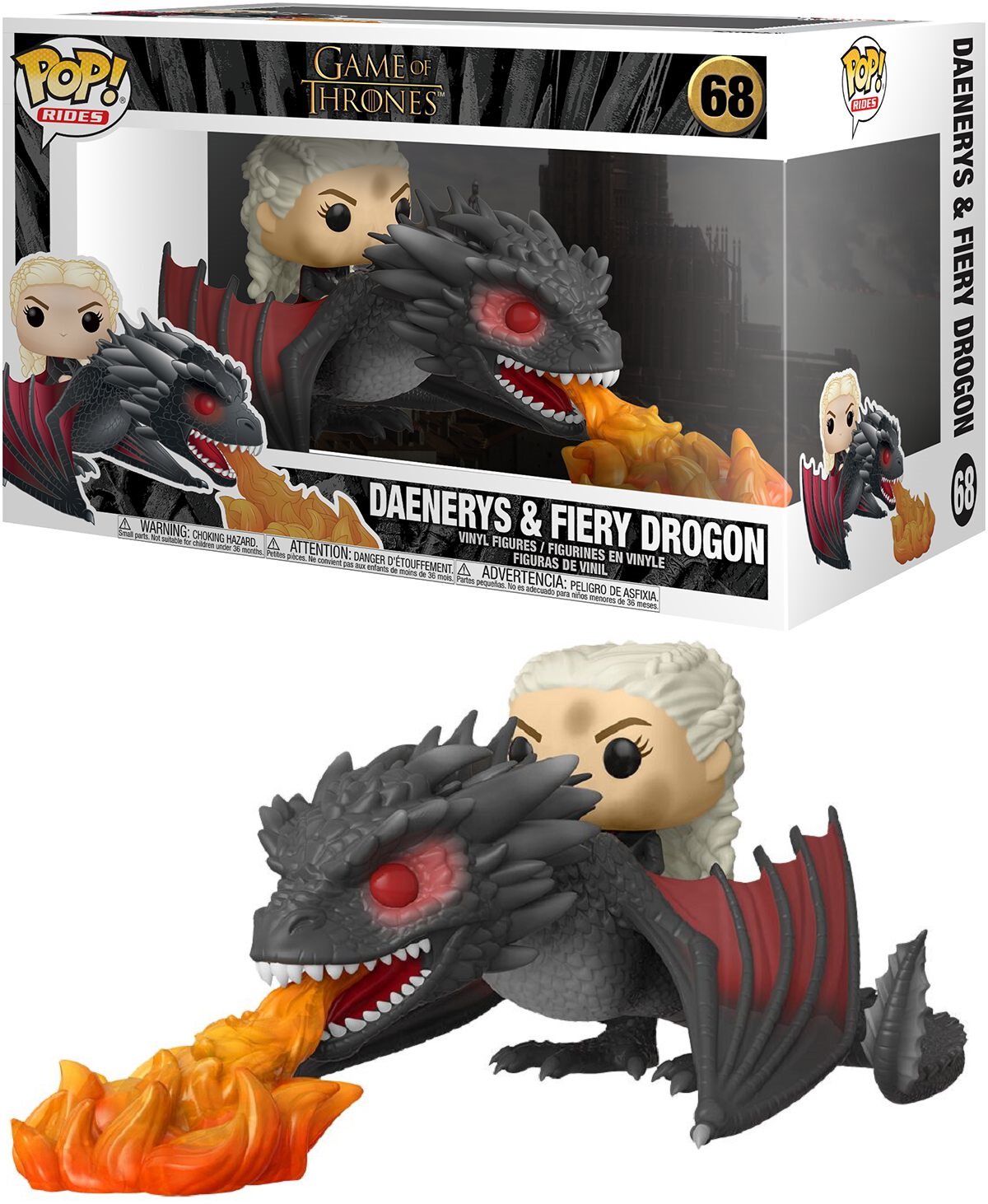 Daenerys na czarnym smoku z czerwonymi skrzydłami, ziejąca ogniem. Pudełko w tle.