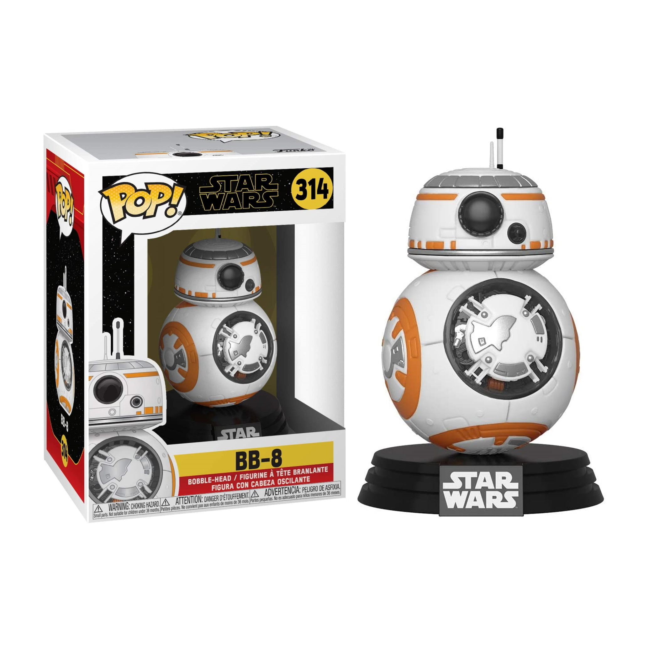Funko Pop von BB-8, einem Star Wars-Droiden. Es ist weiß mit orangefarbenen Akzenten und steht auf einer schwarzen Basis.