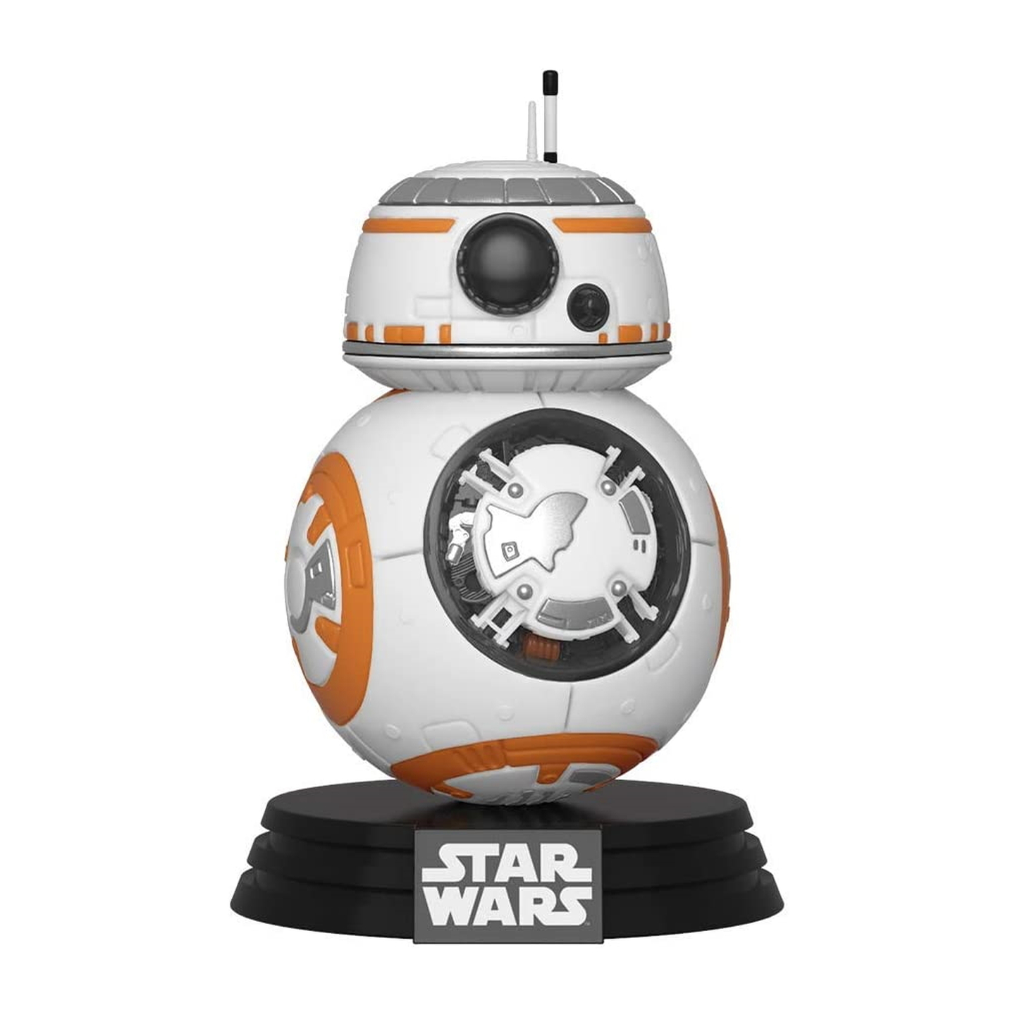 BB-8 Roboterfigur, weiß und orange, auf einem Ständer.