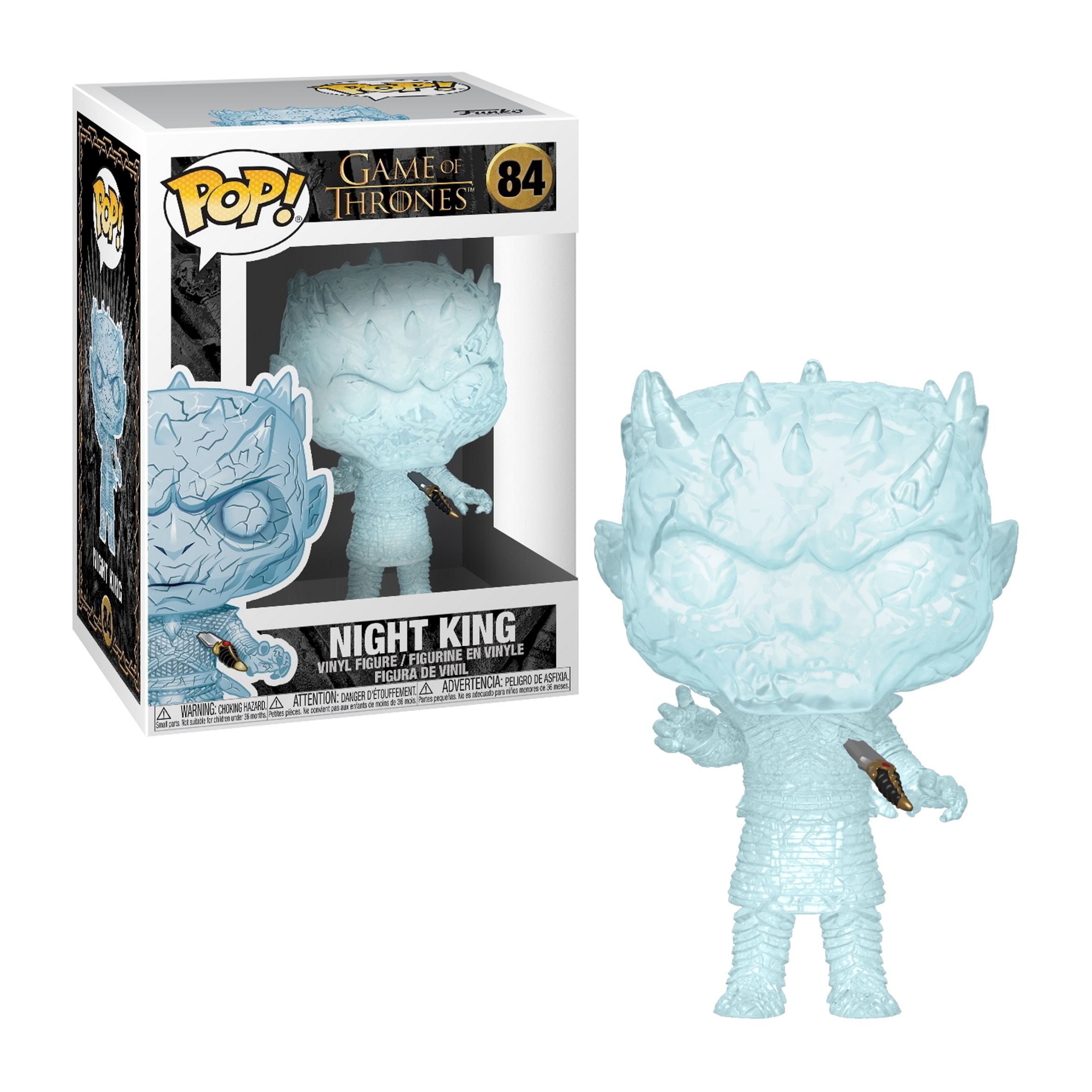 Funko Pop di Night King, figura azzurra. Scatola con immagine visibile.