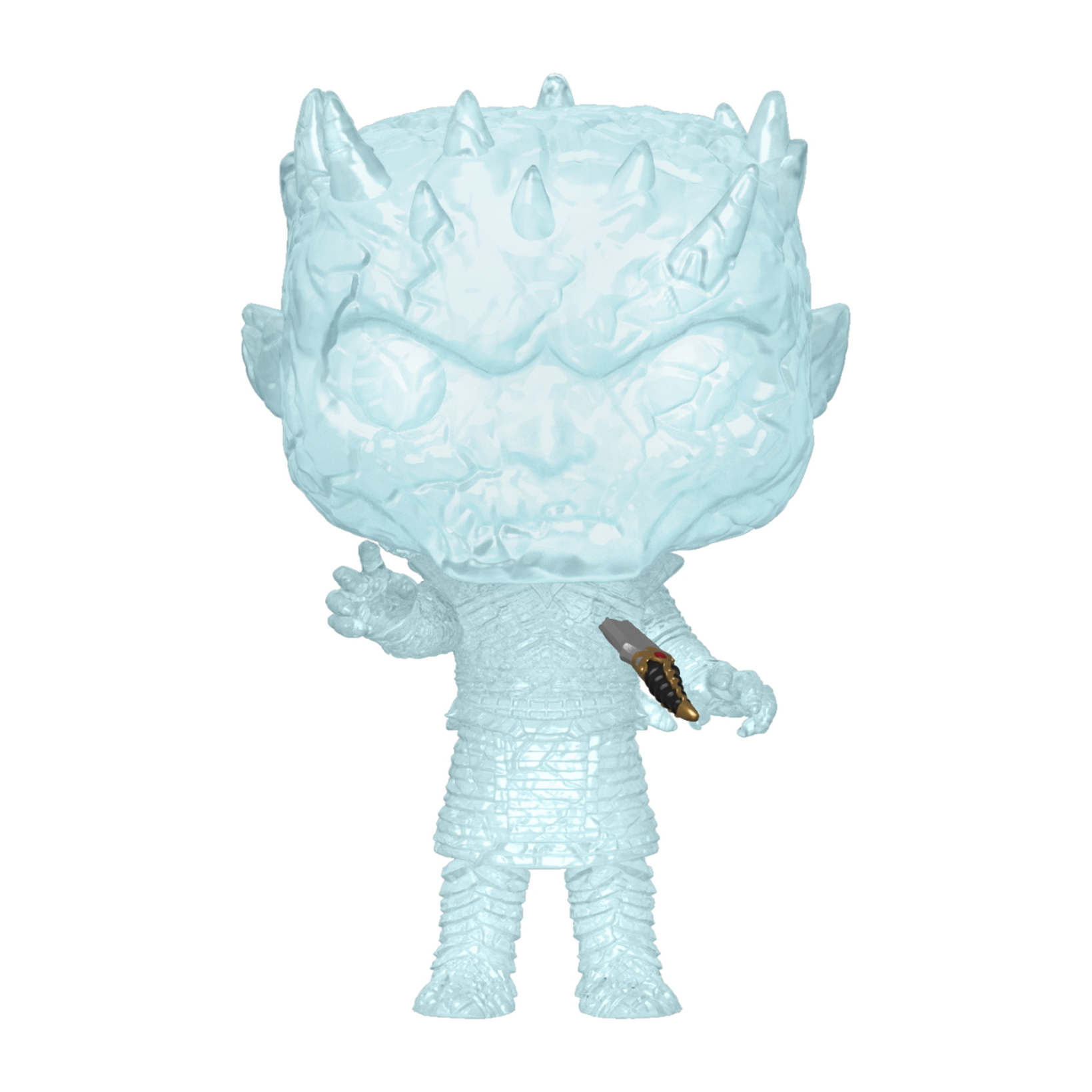 Funko Pop di Ice King, con una scatola. La figura è azzurra e ha una corona.
