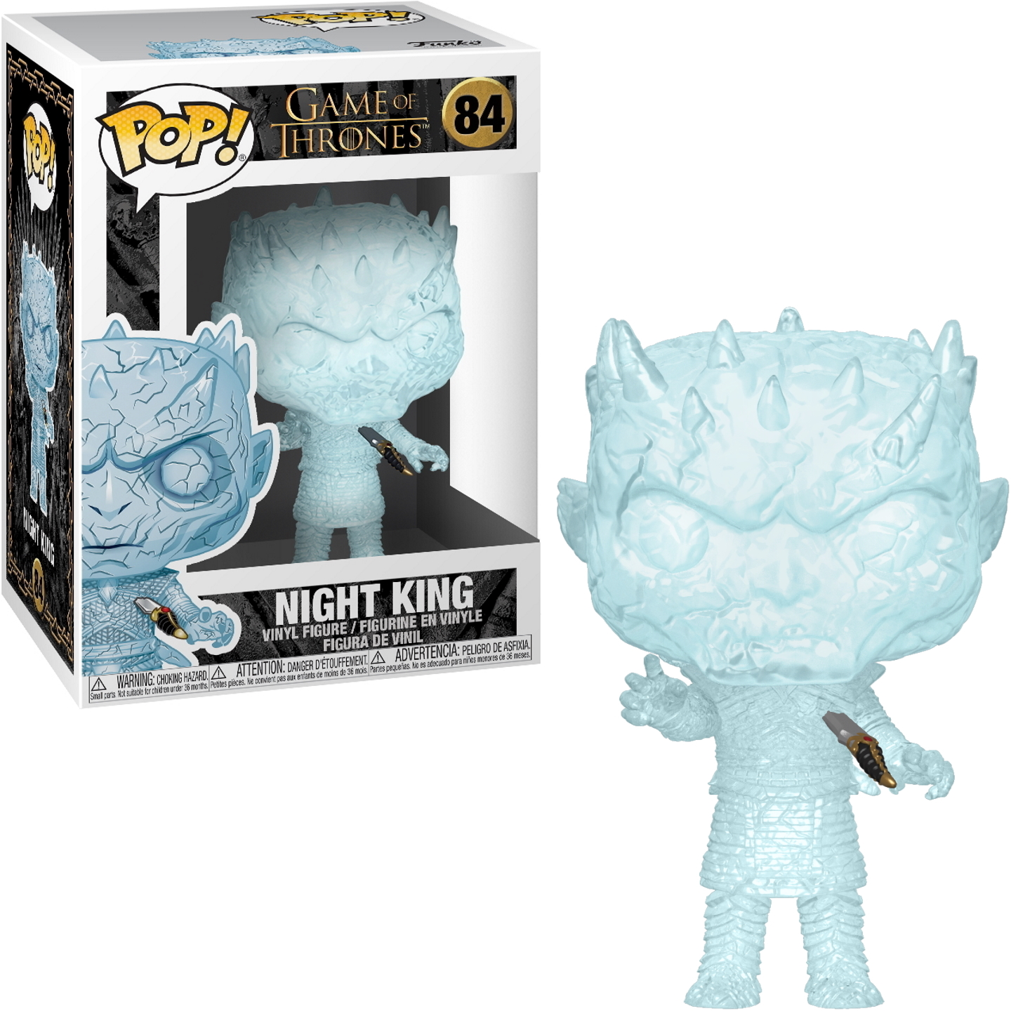 Figura Pop di Night King, blu e bianco, con un'arma, indossa un'armatura azzurra.