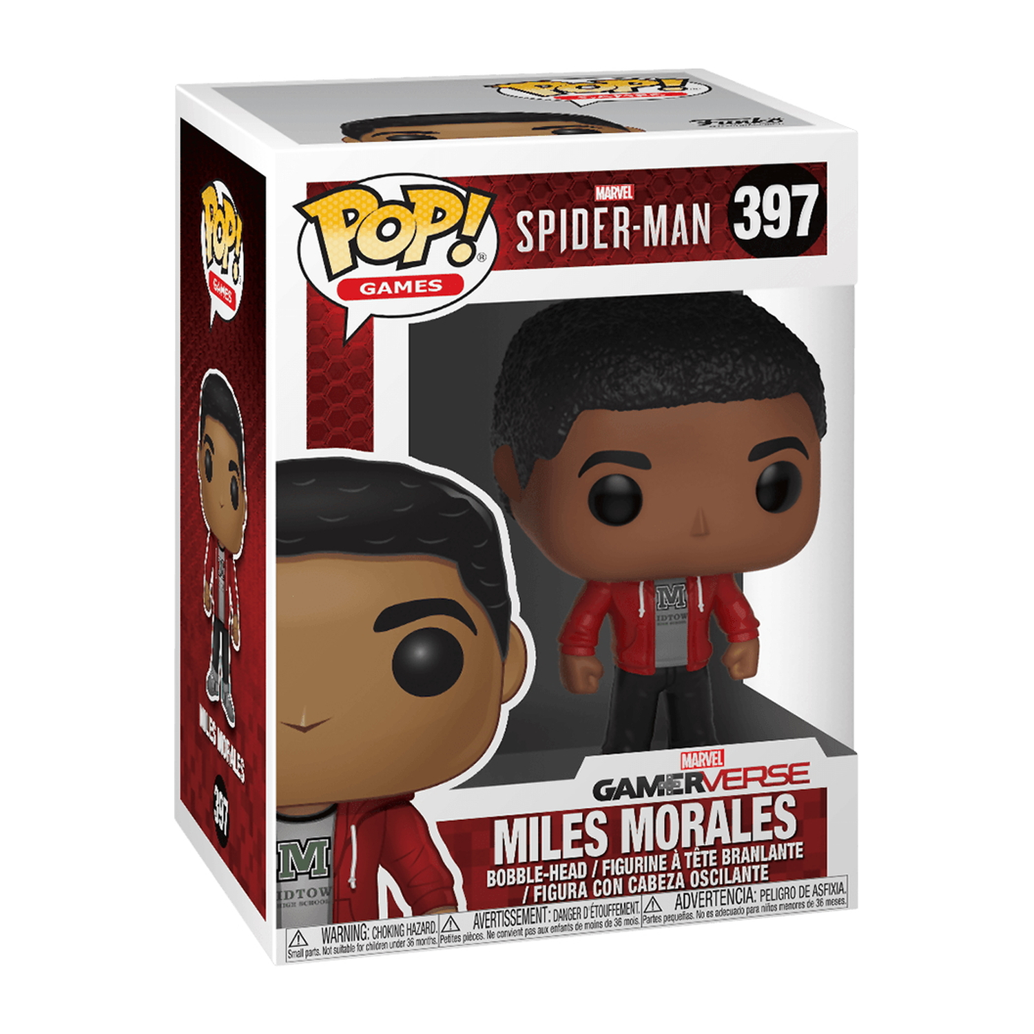 Una figura Funko Pop di Miles Morales da Spider-Man, in una scatola.