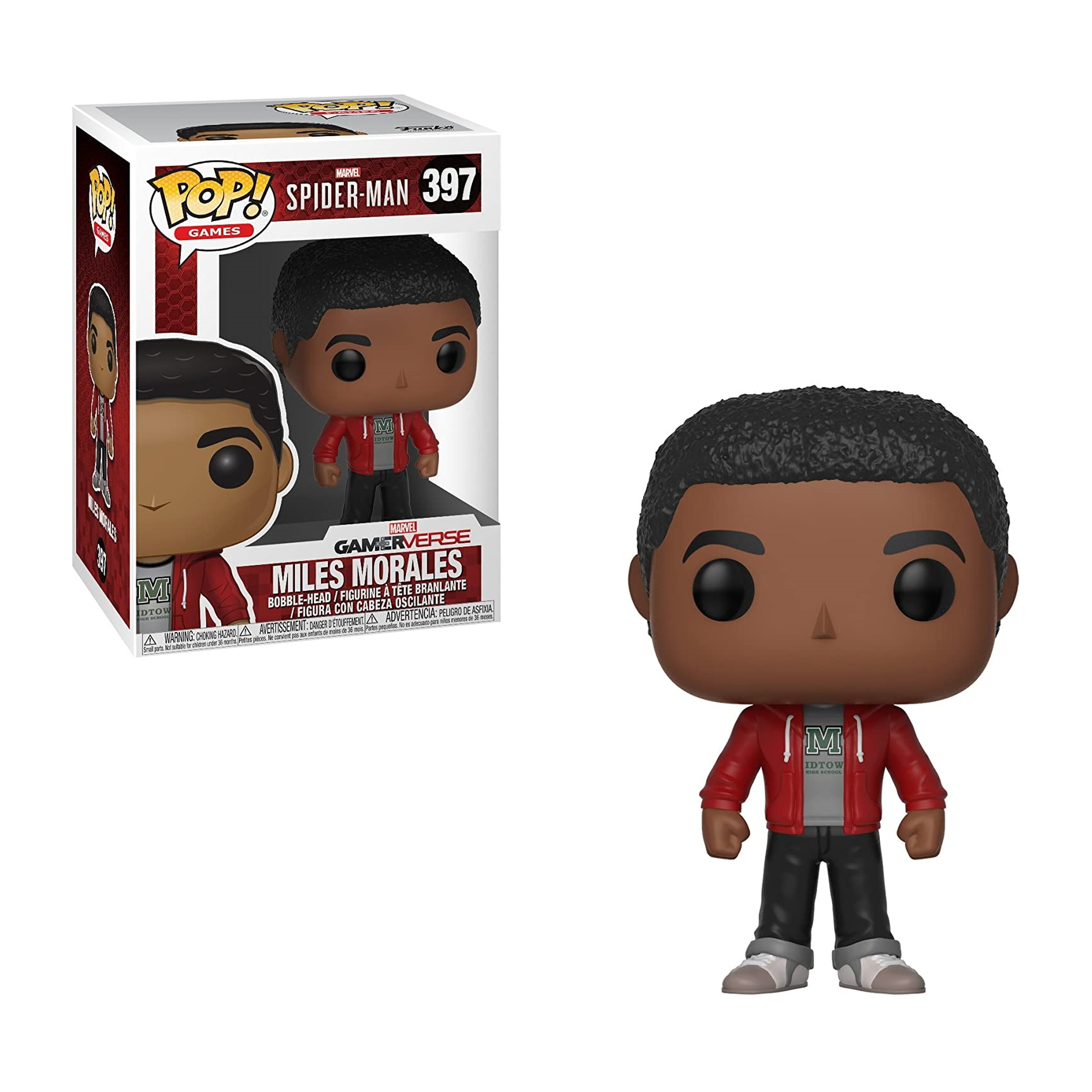 Personaggio Funko Pop di Miles Morales con scatola. Indossa una giacca rossa e una maglietta grigia.