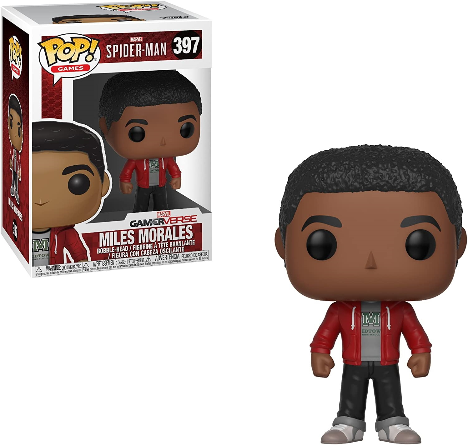 Figura di Miles Morales Spider-Man, con giacca rossa. Scatola con figura e logo visibili.