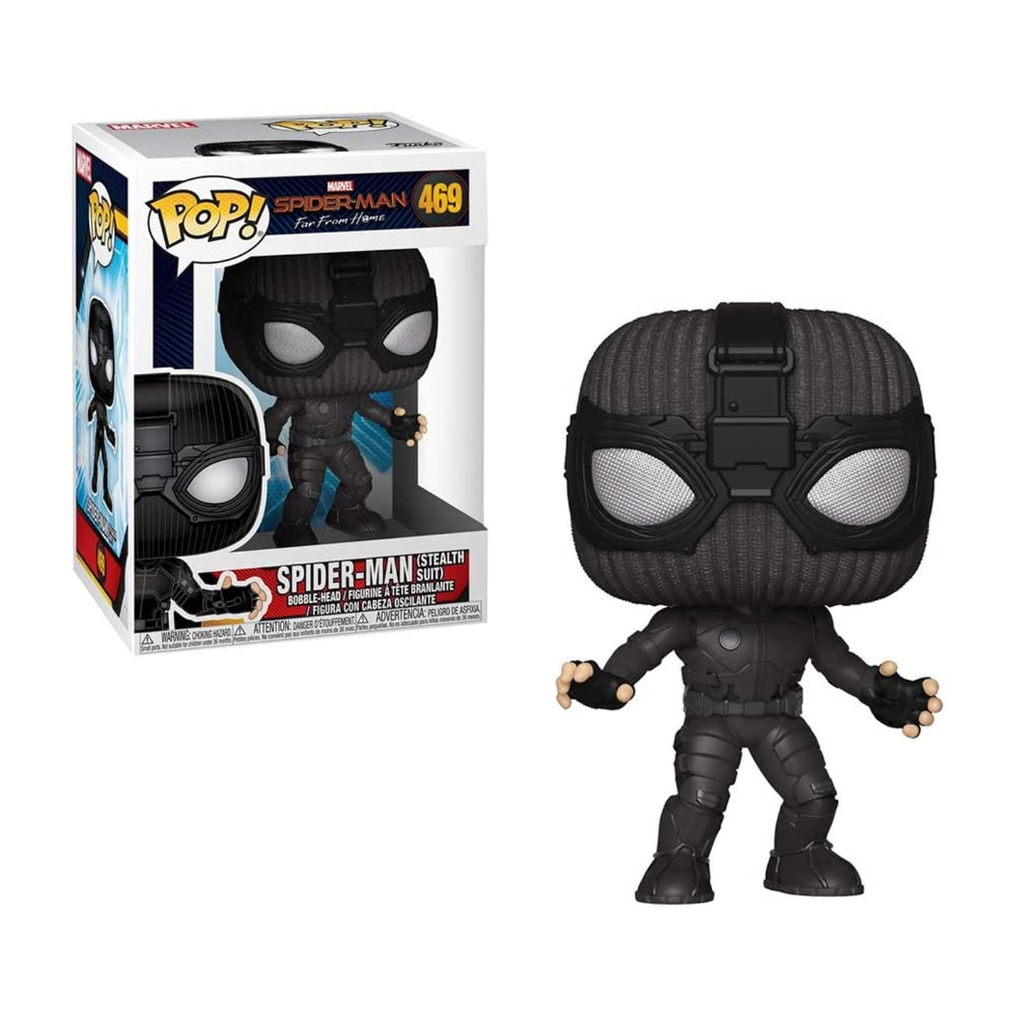 Figura di Spider-Man in tuta furtiva nera. Scatola mostra figura e testo.