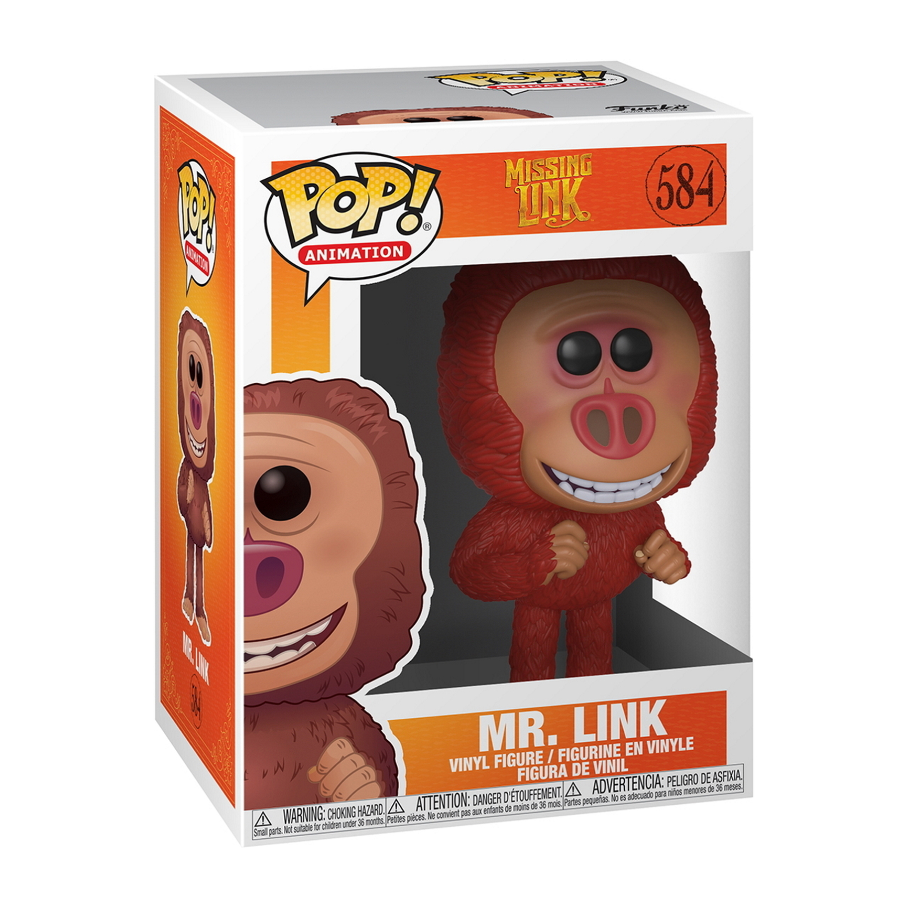 Mr. Link Figur in einer Box. Rotes Fell, rosa Gesicht. Lächeln, Box-Art zeigt den Charakter.