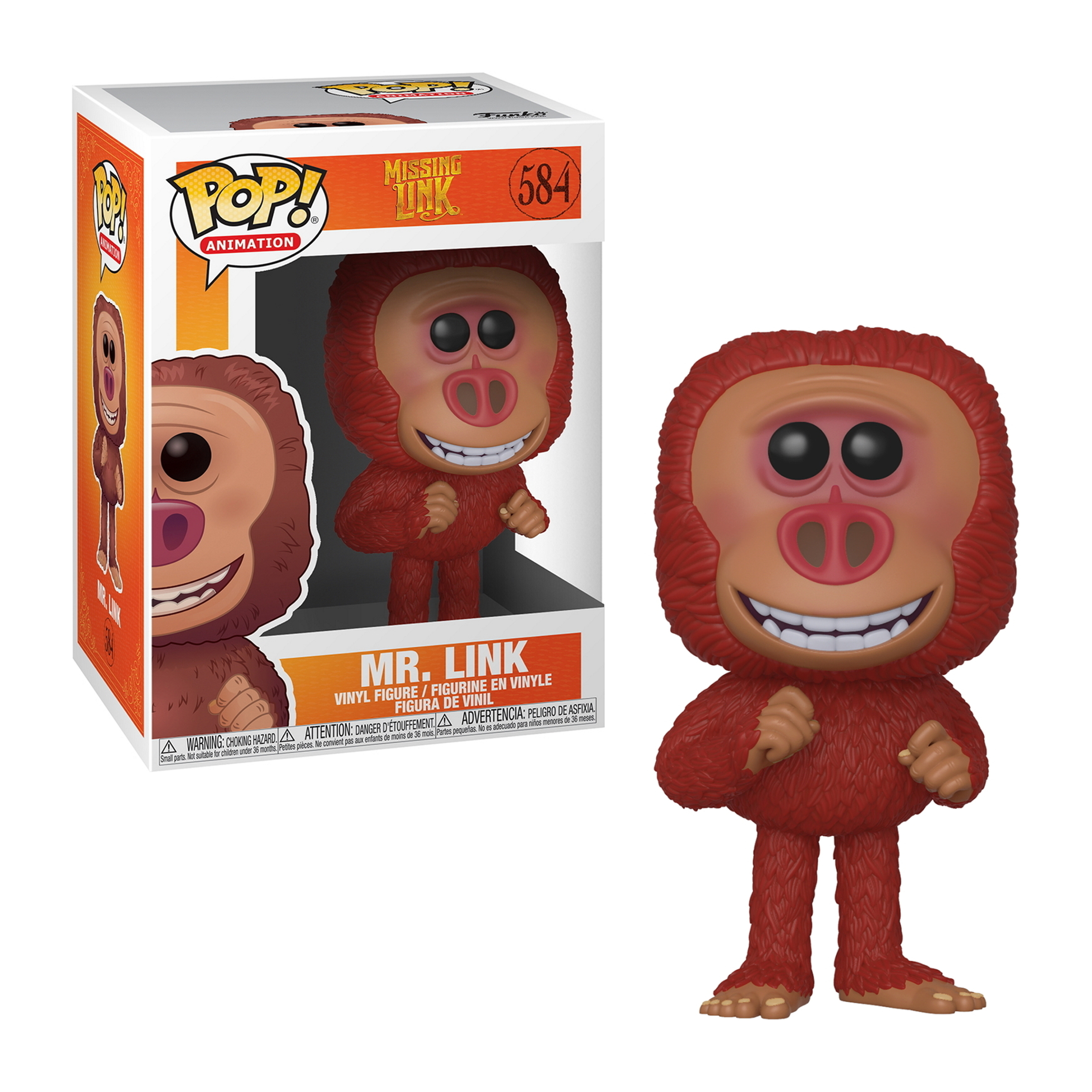 Mr. Link Funko Pop. Rotes Fell, affenartiges Gesicht, lächelnd.