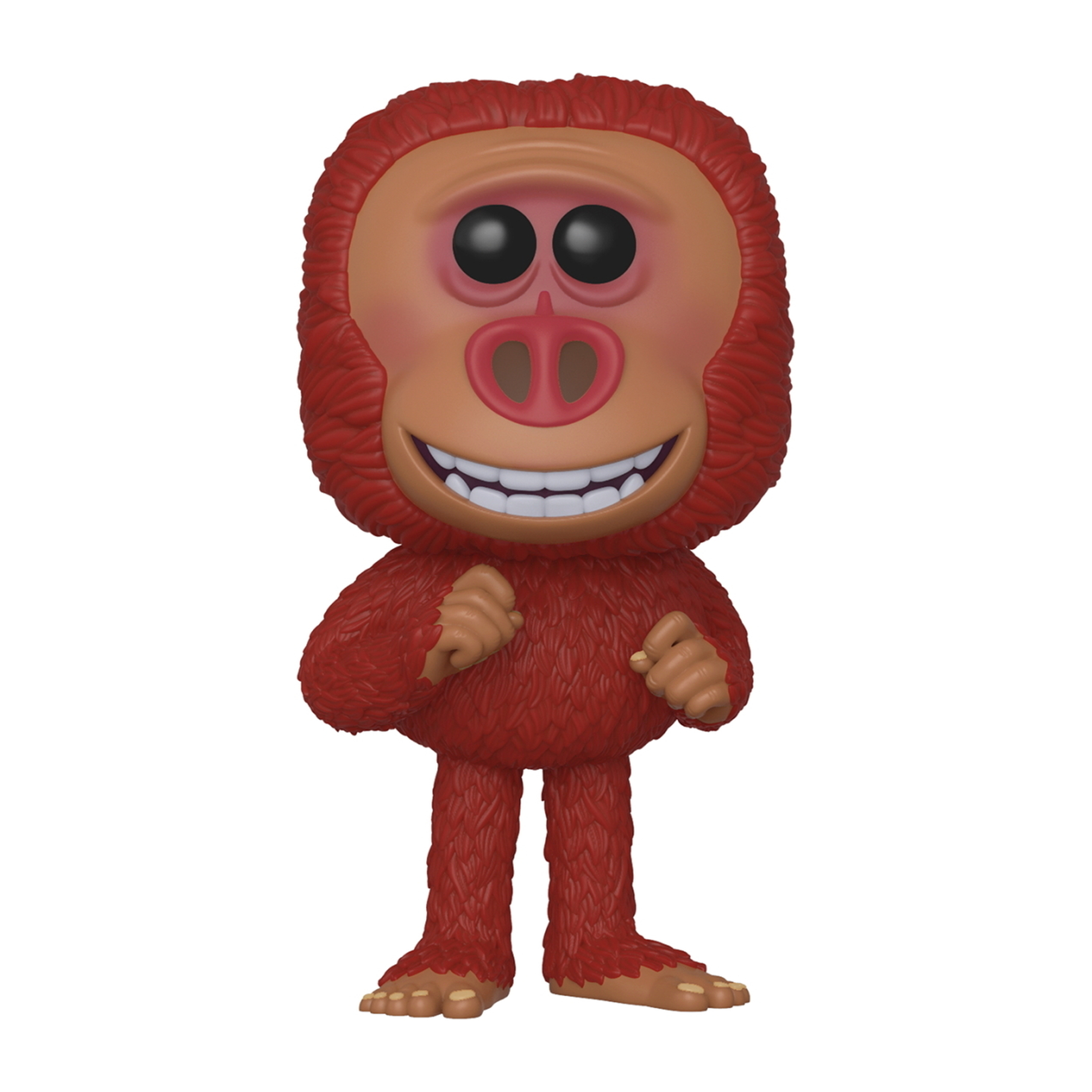 Eine Funko Pop Figur eines roten affenartigen Wesens mit breitem Lächeln und großen Augen.