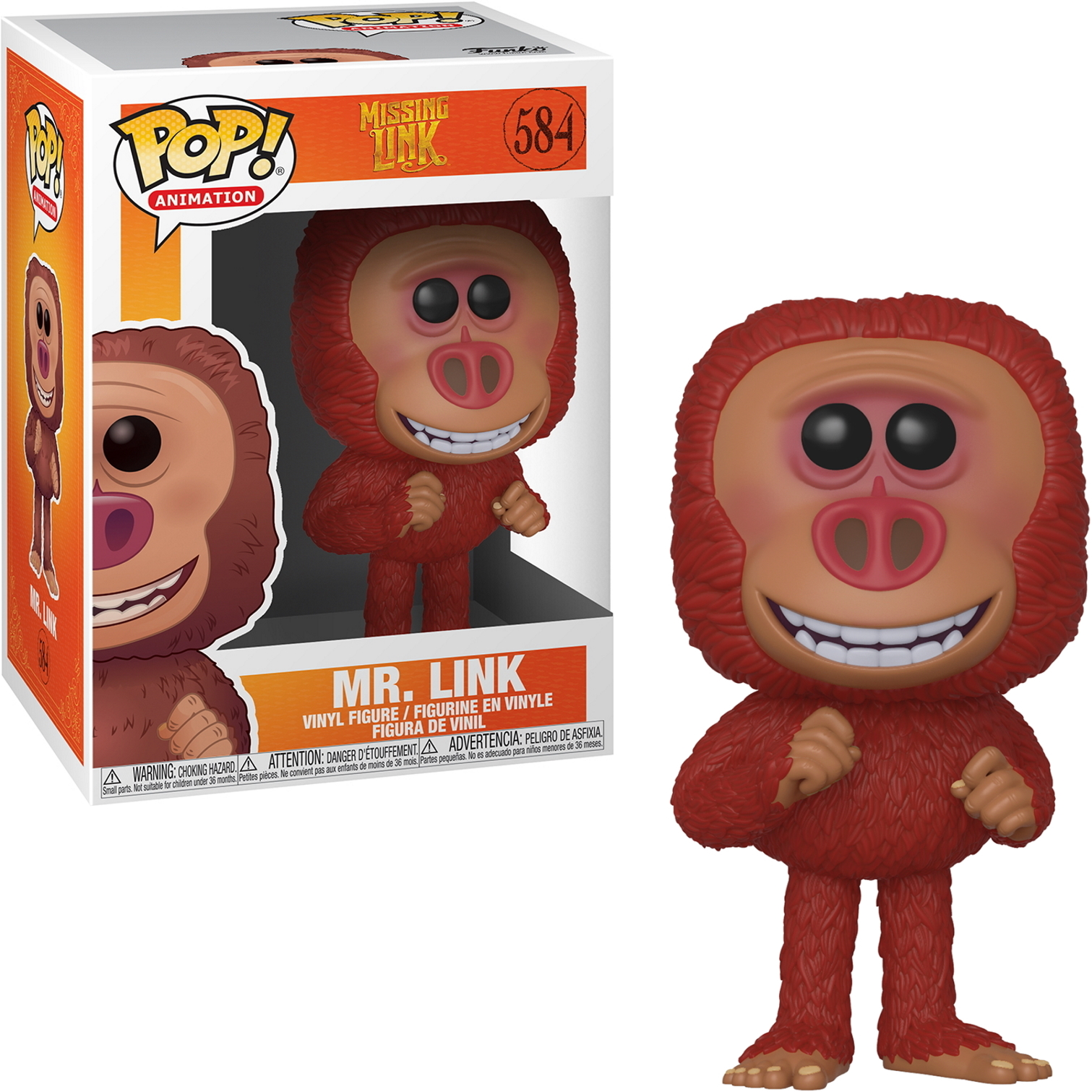 Mr. Link Funko Pop Figur. Rotes, pelziges, affenähnliches Wesen mit einer Box auf weißem Hintergrund.