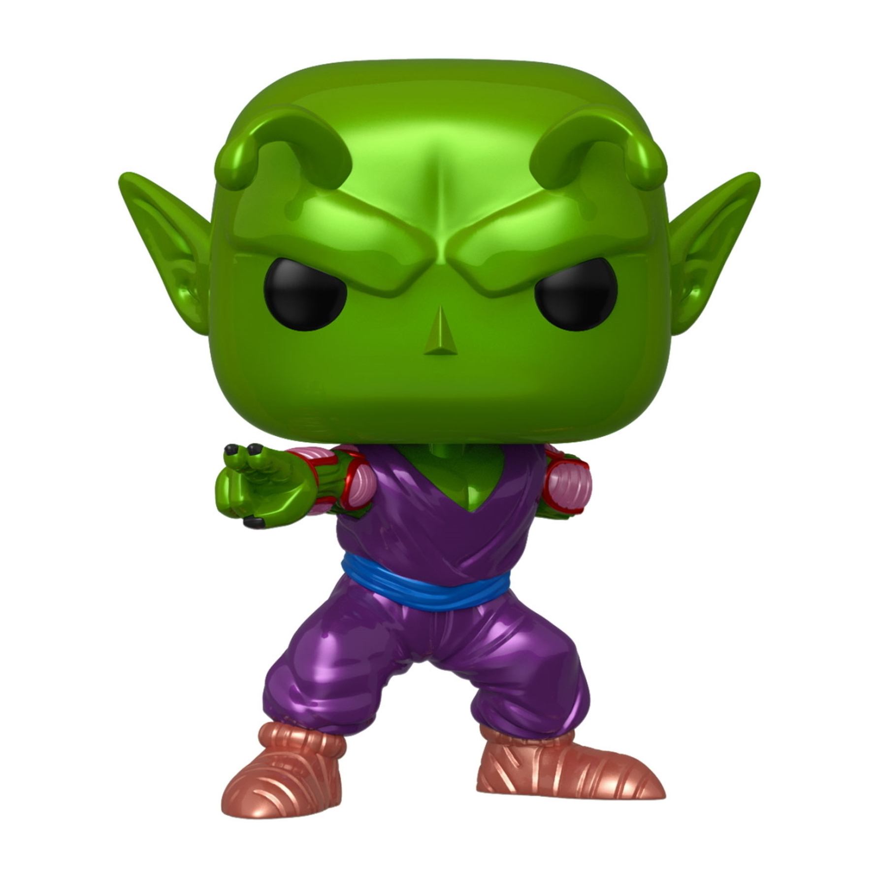 Eine grüne Piccolo Funko Pop-Figur mit schwarzen Augen, lila Kleidung und Armen in Kampfhaltung.