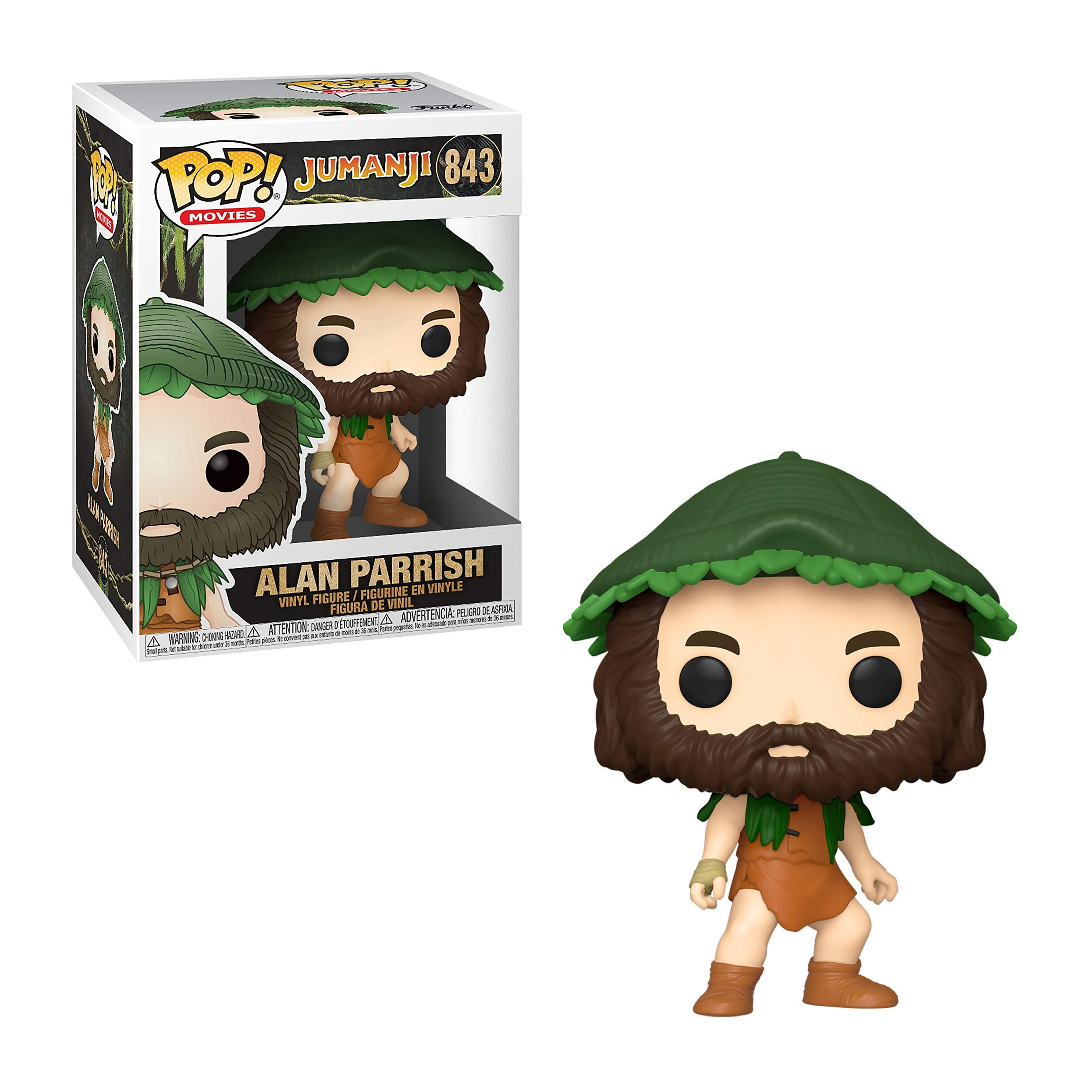 Una figura Funko Pop di Alan Parrish di Jumanji, con un cappello verde e abiti marroni, e una scatola.