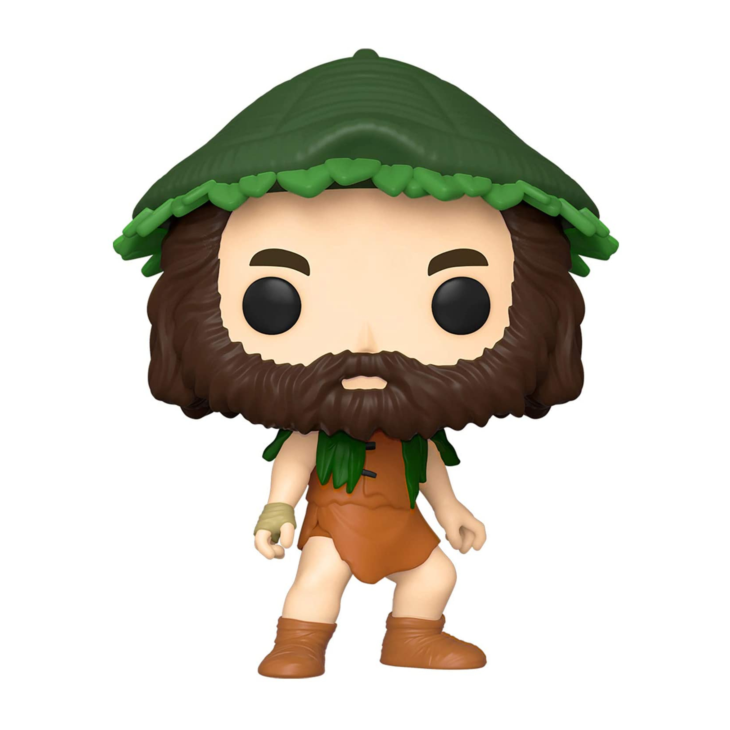 Un Funko Pop di un personaggio dei cartoni animati con un cappello di foglie verdi e un abito arancione.