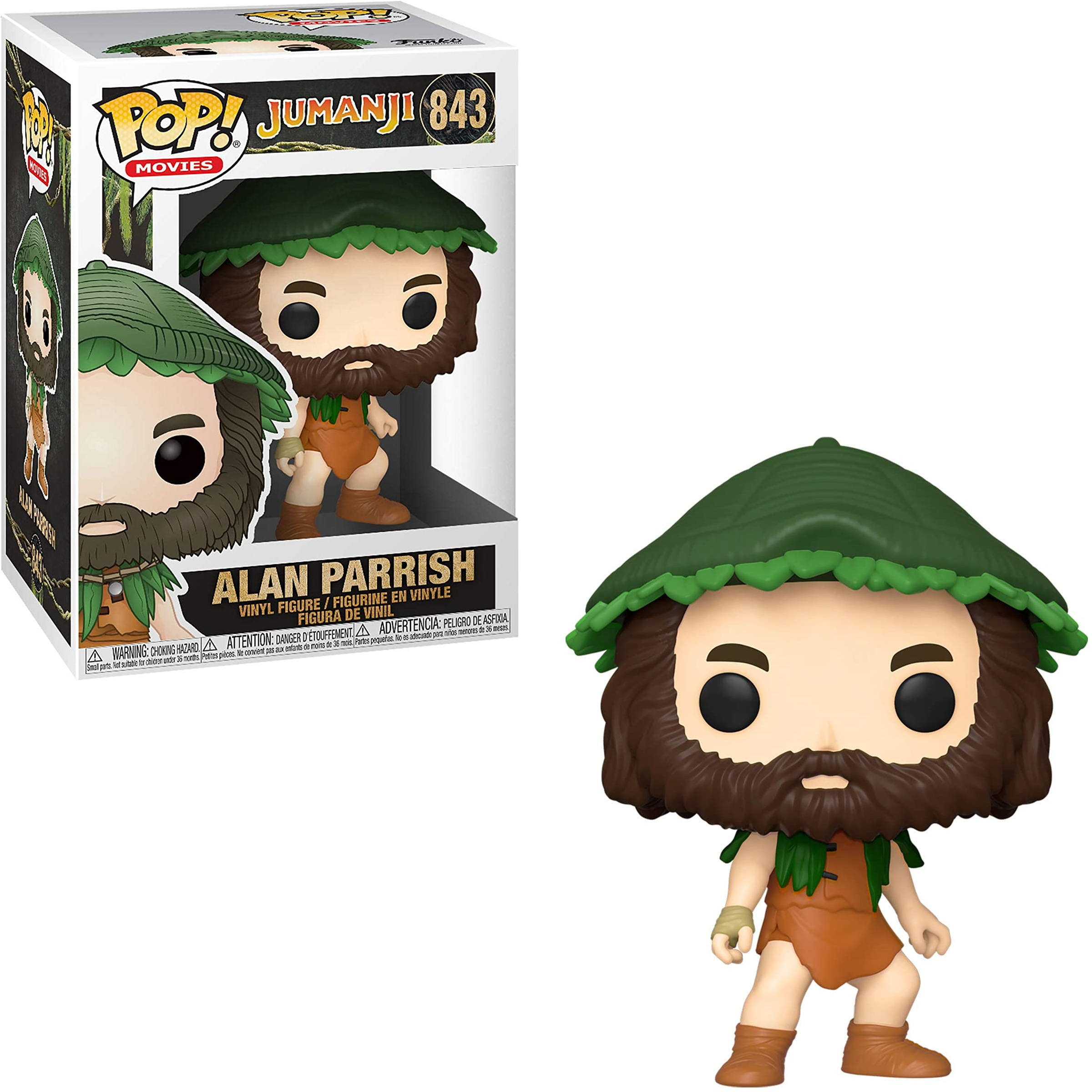 Funko Pop di Alan Parrish, con la scatola a sinistra. Indossa un abito da giungla.