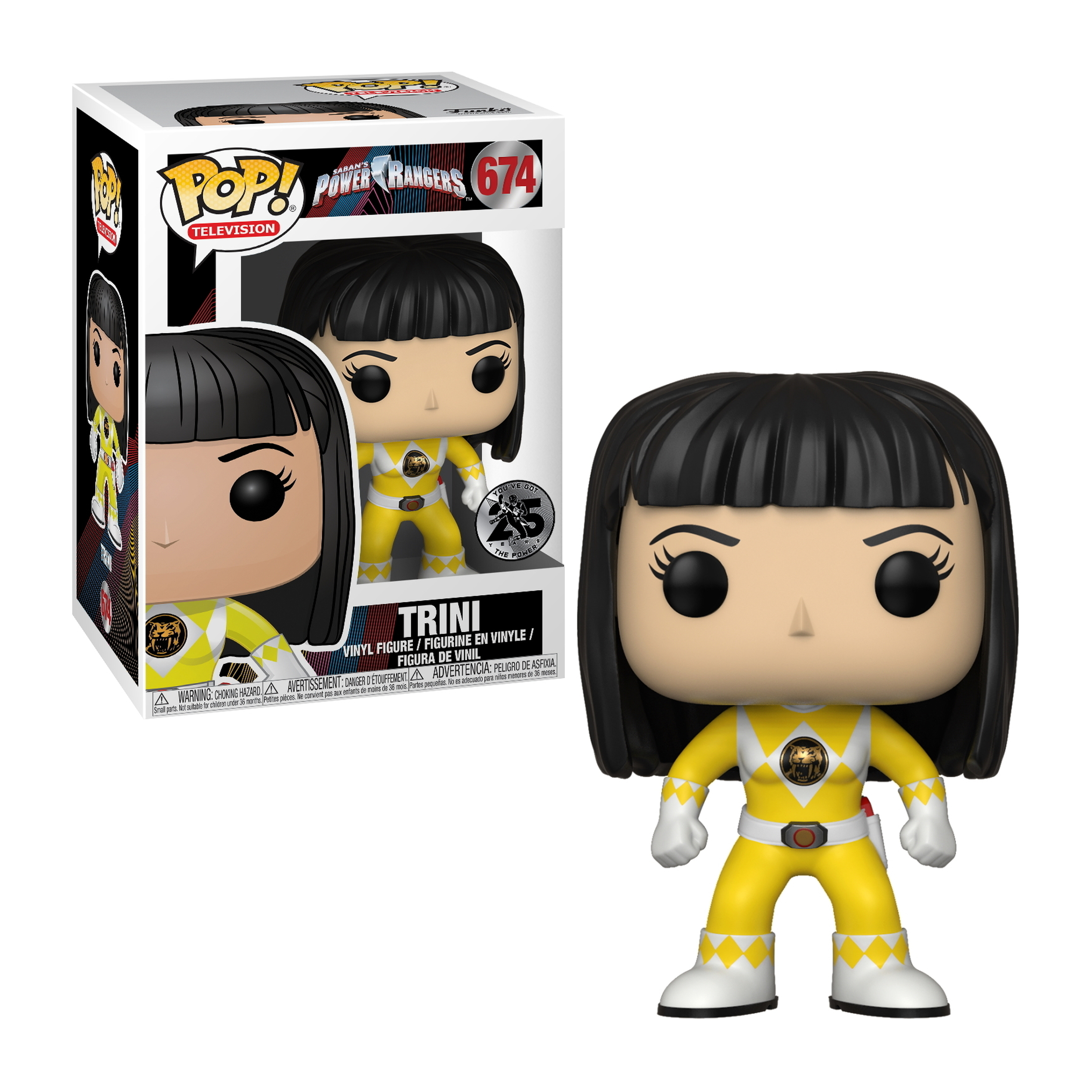 Funko Pop Figur von Trini, dem gelben Power Ranger, in einem gelben Anzug stehend.