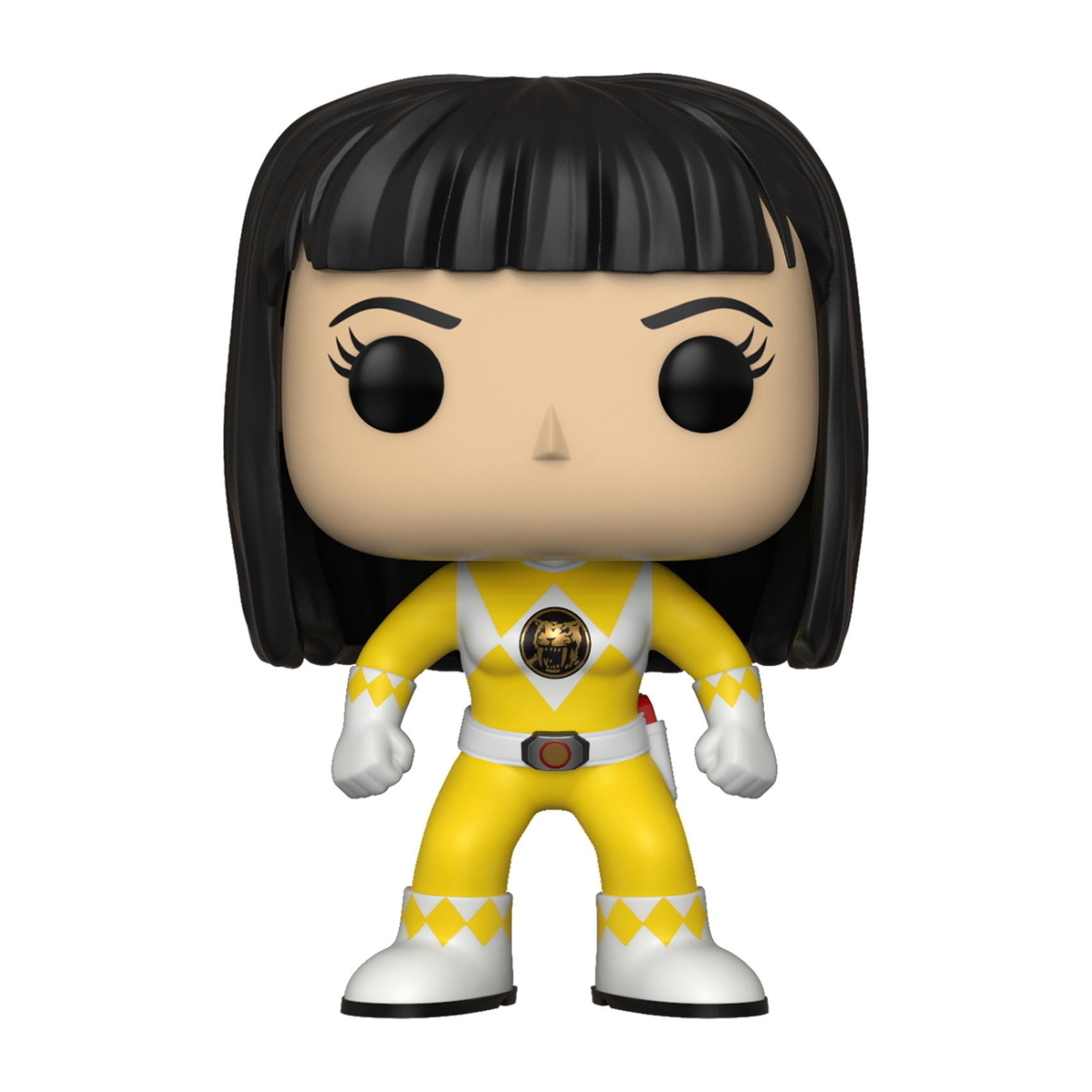 Eine Power Ranger Funko Pop Figur in einem gelben Anzug, schwarzen Haaren und weißen Stiefeln. Sie lächelt.
