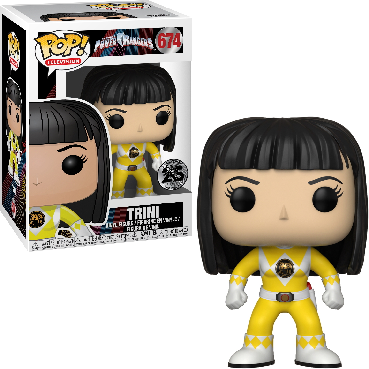 Eine Trini-Figur von Power Rangers in einem gelben Anzug. Daneben eine Schachtel mit dem Bild der Figur.