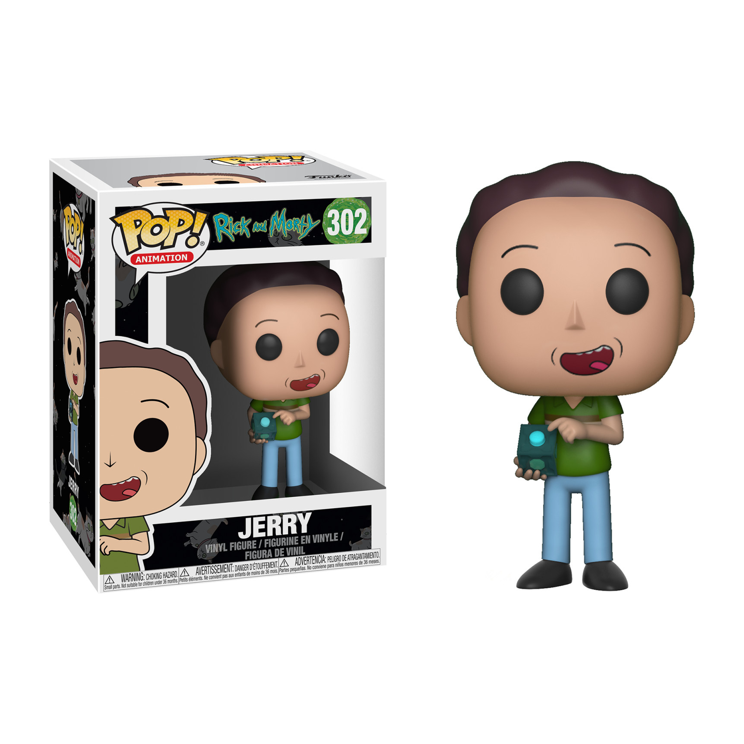 Eine Funko Pop Figur von Jerry aus Rick and Morty. Jerry hält ein Gerät, mit einer Box in der Nähe.