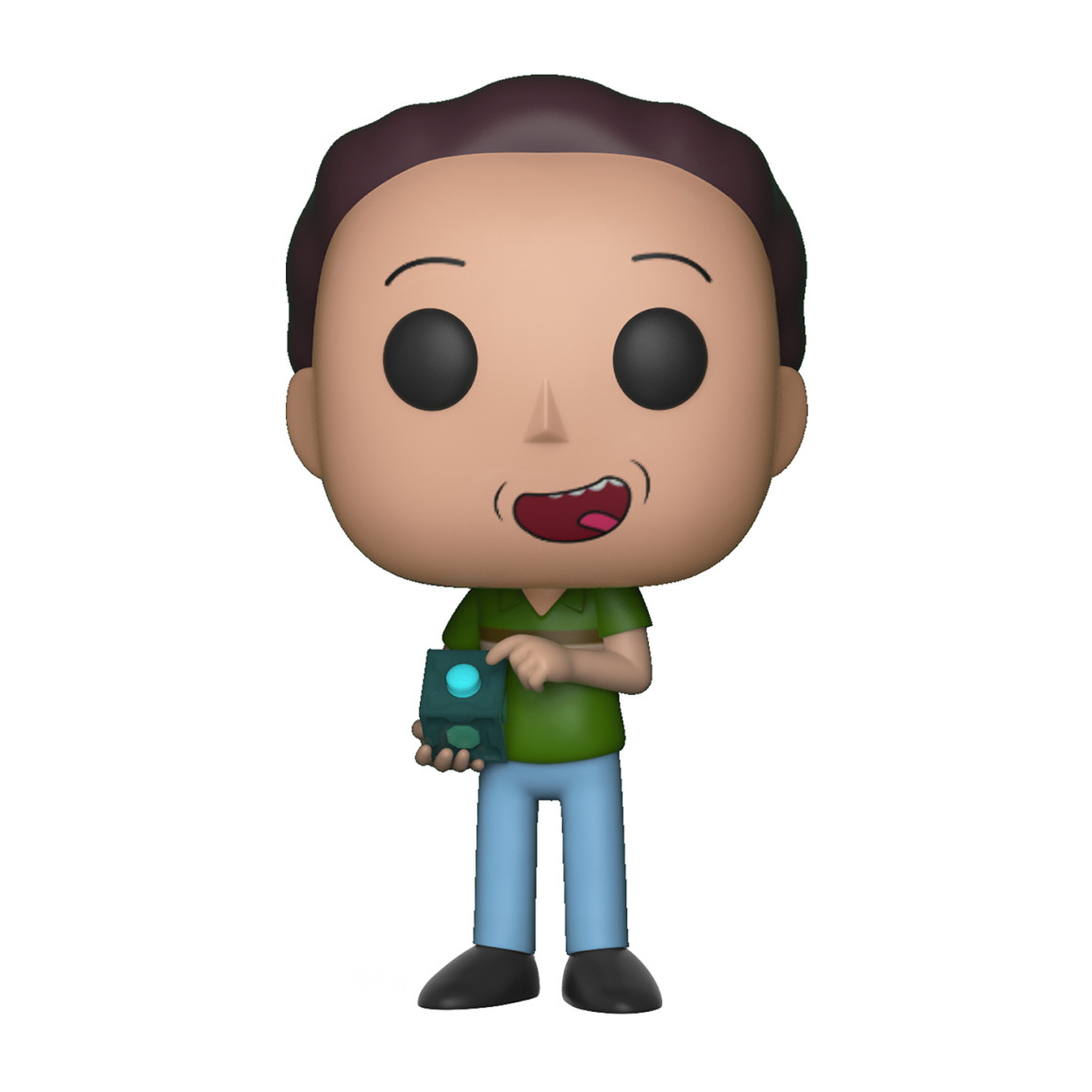 Jerry-Figur mit braunen Haaren, grünem Hemd, blauer Hose und einem Gerät. Er lächelt. Box sichtbar.