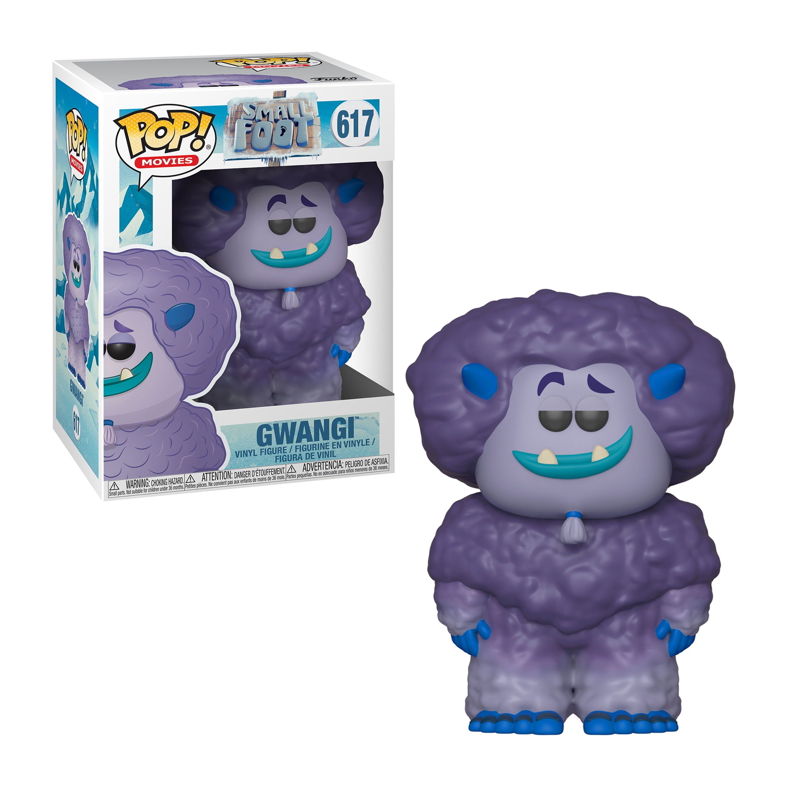 Figurina di Gwang di Smallfoot, in scatola. È viola e peloso.